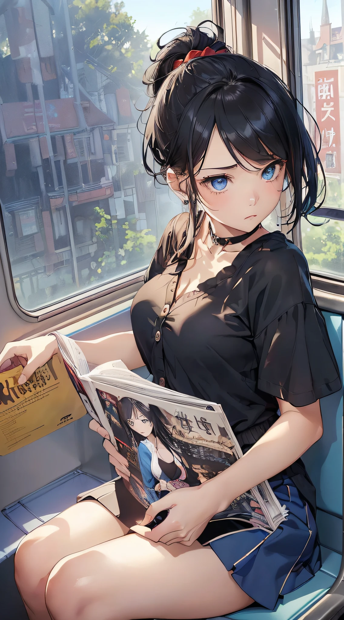 top-quality、Top image quality、masterpiece、girl with((18year old、Best Bust、Medium bust、Bust 85,Beautiful blue eyes、Breasts wide open,Black Short Sleeve T-Shirt、Red cardigan with short sleeves、Black short skirt、Ponytail with black hair、sitting in the seat、Reading model magazines、serious facial expression、lecture)hiquality、Beautiful Art、Background with((On the train、Clear sky)),masutepiece、Elaborate design、visualart、depth of fields、The best lighting、highestdetailed、