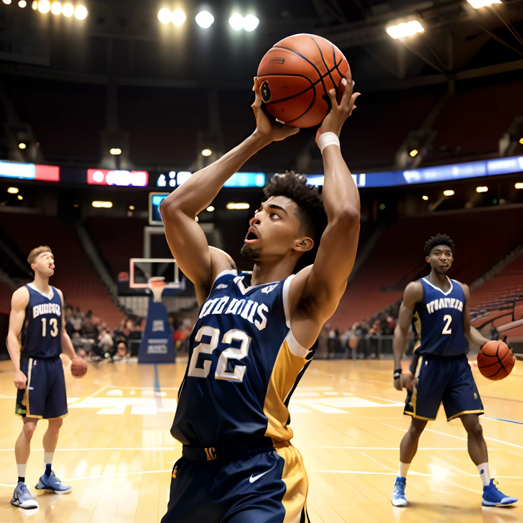 A male basketball player is playing.