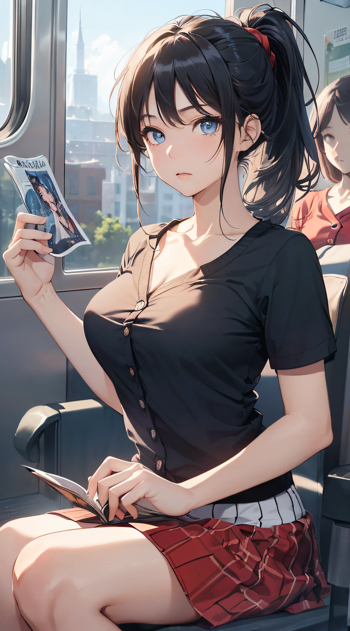 top-quality、Top image quality、masterpiece、girl with((18year old、Best Bust、Medium bust、Bust 85,Beautiful blue eyes、Breasts wide open,Black Short Sleeve T-Shirt、Red cardigan with short sleeves、Black short skirt、Ponytail with black hair、sitting in the seat、Reading model magazines、serious facial expression、lecture)hiquality、Beautiful Art、Background with((On the train、Clear sky)),masutepiece、Elaborate design、visualart、depth of fields、The best lighting、highestdetailed、