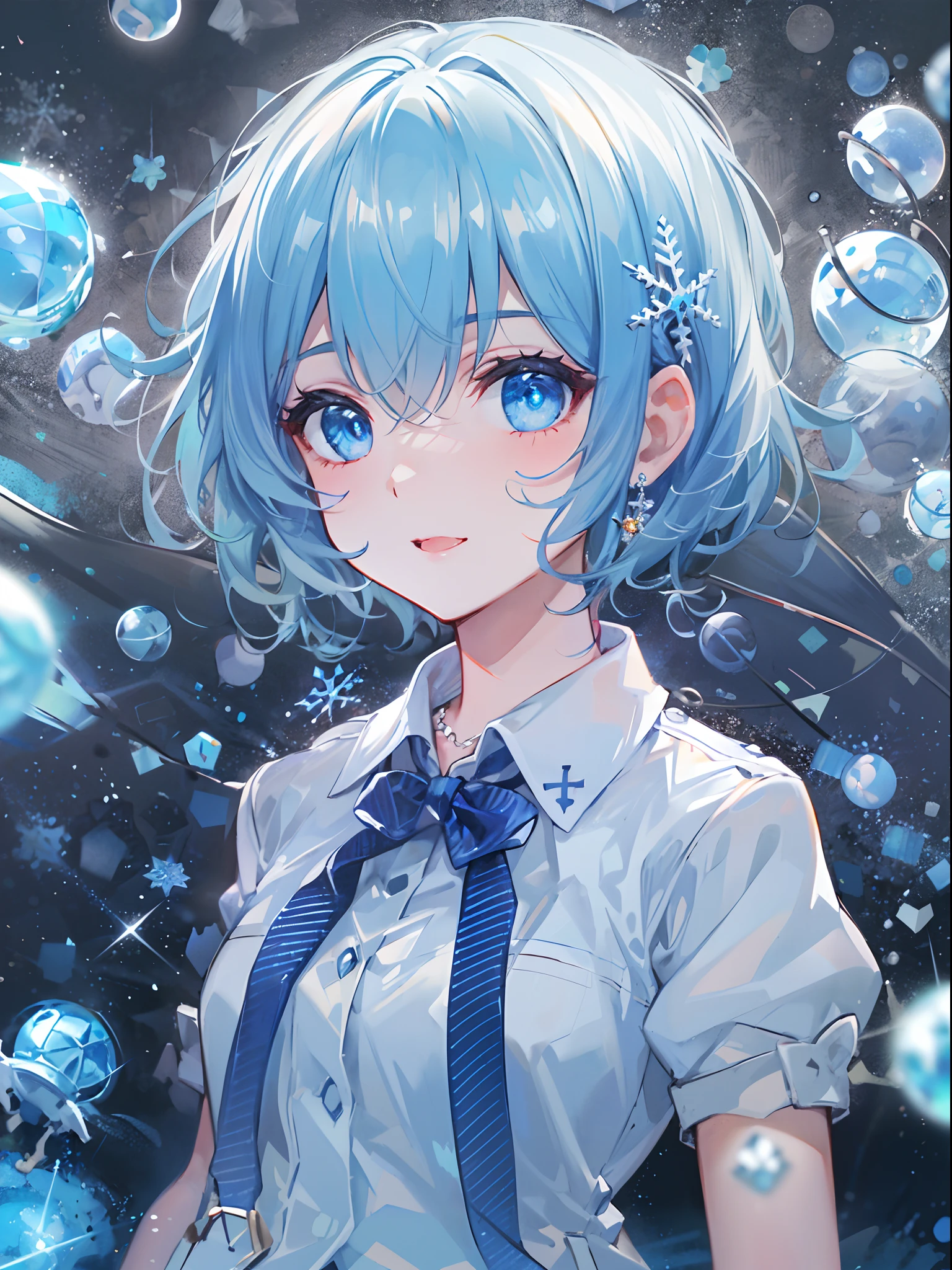 ((top-quality)), ((masterpiece)), ((ultra-detailliert)), (Extremely delicate and beautiful), girl with, 独奏, cold attitude,((Black jacket)),She is very(relax)with the(Settled down)Looks,A dark-haired, depth of fields,Evil smile,Bubble, under the water, Air bubble,bright light blue eyes,inner color with bright gray hair and light blue tips,,,,,,,,Cold background,Bob Hair - Linear Art, shortpants、knee high socks、White uniform like school uniform、Light blue ribbon ties、Clothes are sheer、Hands in pockets、Bright eyes like sapphire,Fronllesse Blue, A small blue light was floating、Upper Eyes、glass shards、Snowflake eyes、fantastic eyes, Snowflake Necklace、Fantastic light blue snow world