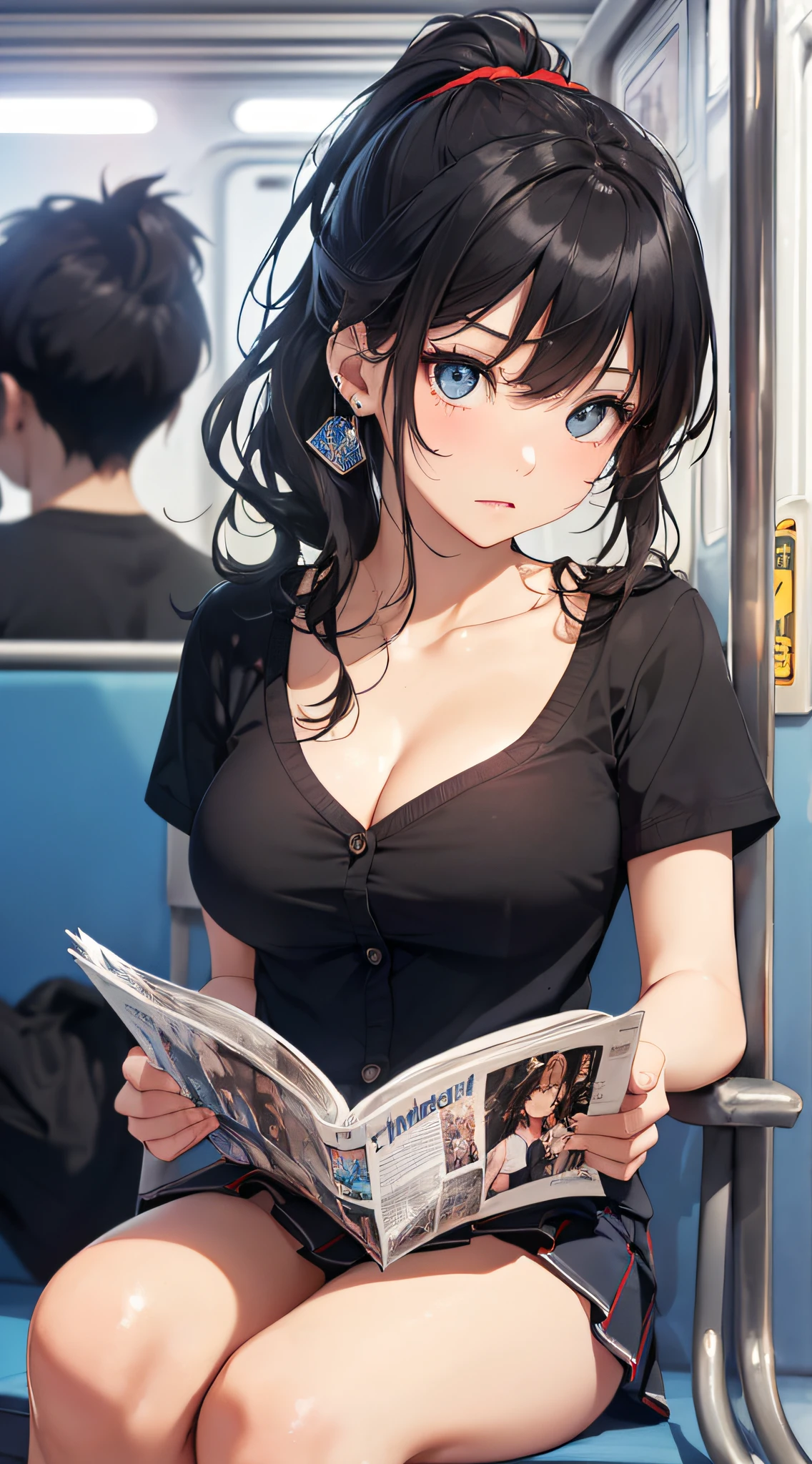 top-quality、Top image quality、masterpiece、girl with((18year old、Best Bust、Medium bust、Bust 85,Beautiful blue eyes、Breasts wide open,Black Short Sleeve T-Shirt、Red cardigan with short sleeves、Black short skirt、Ponytail with black hair、sitting in the seat、Reading model magazines、serious facial expression、lecture)hiquality、Beautiful Art、Background with((On the train、Clear sky)),masutepiece、Elaborate design、visualart、depth of fields、The best lighting、highestdetailed、