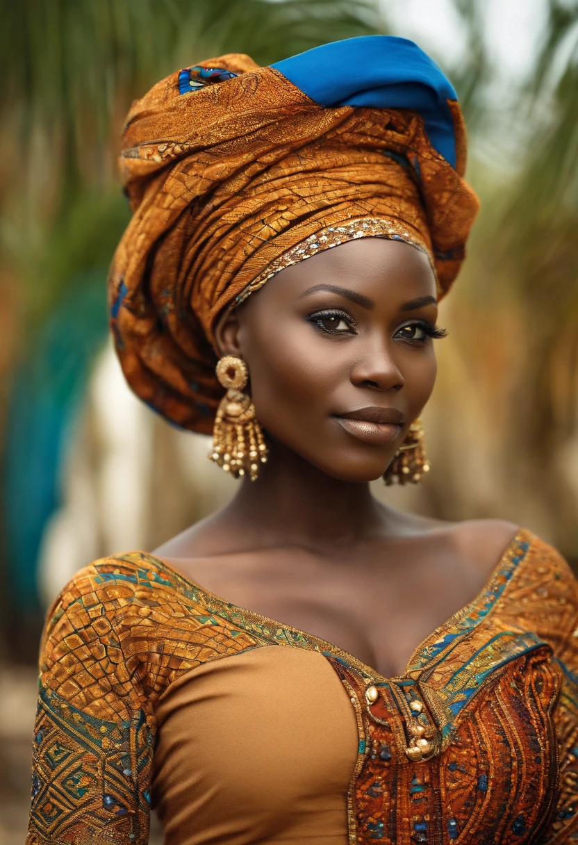 Femme africaine senegalaise ((Best quality)), ((Masterpiece)), (Ultra-detailed), High quality, Dressed in African outfit and not sexy with a headscarf African fashion ,intricate high detail, natural lighting, Outdoors in the African savannah, couleurs chaudes, (Bokeh), (mise au point nette sur les yeux), (high detail face, texture de la peau),