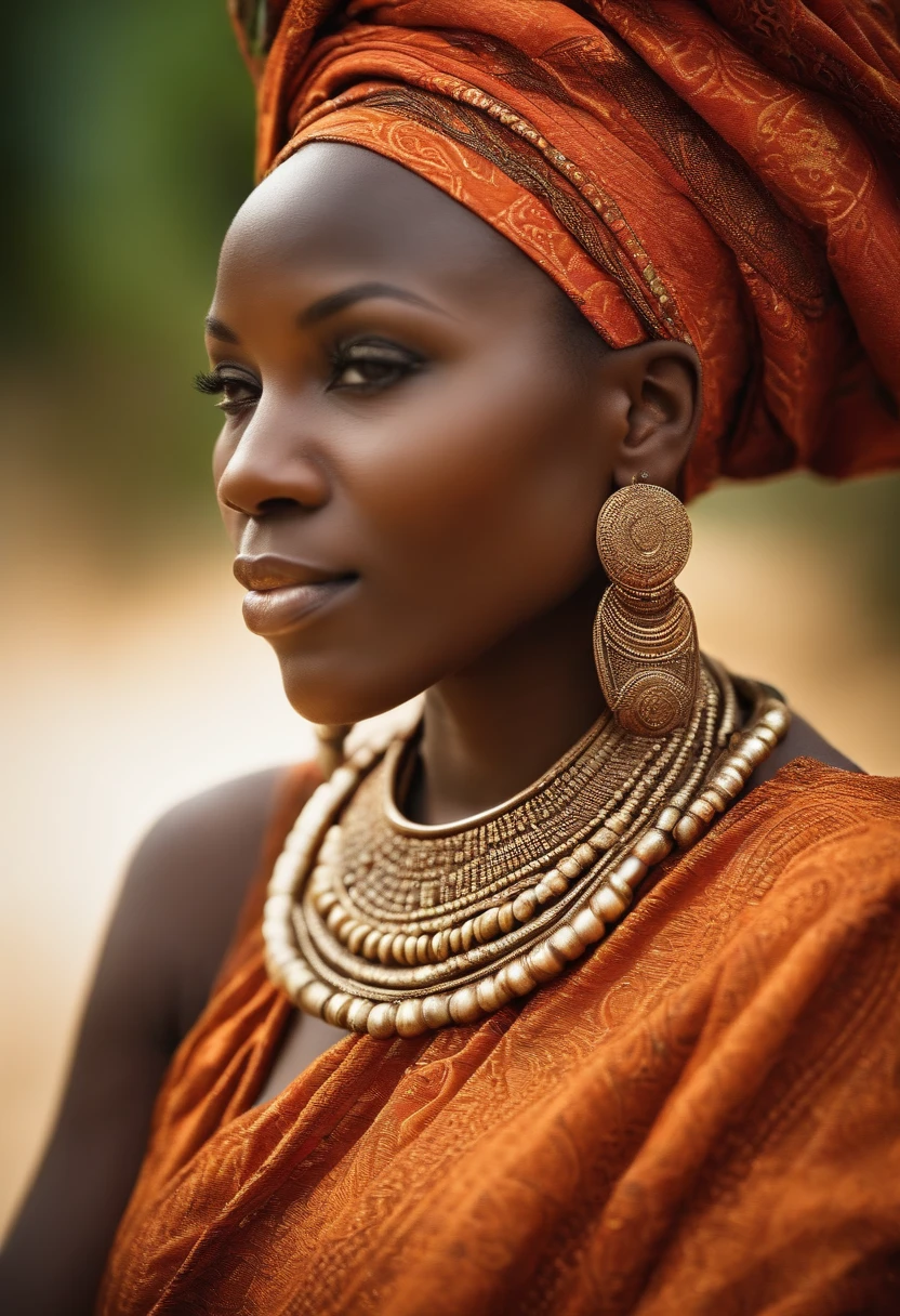 Femme africaine senegalaise ((Best quality)), ((Masterpiece)), (Ultra-detailed), High quality, Dressed in African outfit and not sexy with a headscarf African fashion  ,intricate high detail, natural lighting, Outdoors in the African savannah, couleurs chaudes, (Bokeh), (mise au point nette sur les yeux), (high detail face, texture de la peau),