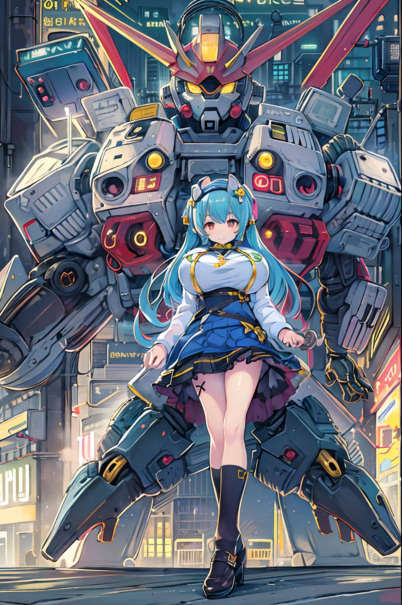 (masutepiece, Best Quality;1.3), Extremely detailed ,ultra-detailliert, 1girl in,Solo, Twin tail, large full breasts, Evil smile, Gundam(RX78), Science fiction, mechs, , Blue hair, Solo, Hair Ornament, Long hair, Twin tail, Gold eyes, Jewelry, earrings, Looking at Viewer,Background of Shinjuku City,Night, Many neon signs, Lunar base, detailed dress, Micro Mini Skirt, From below, Sitting,, bustshot,
