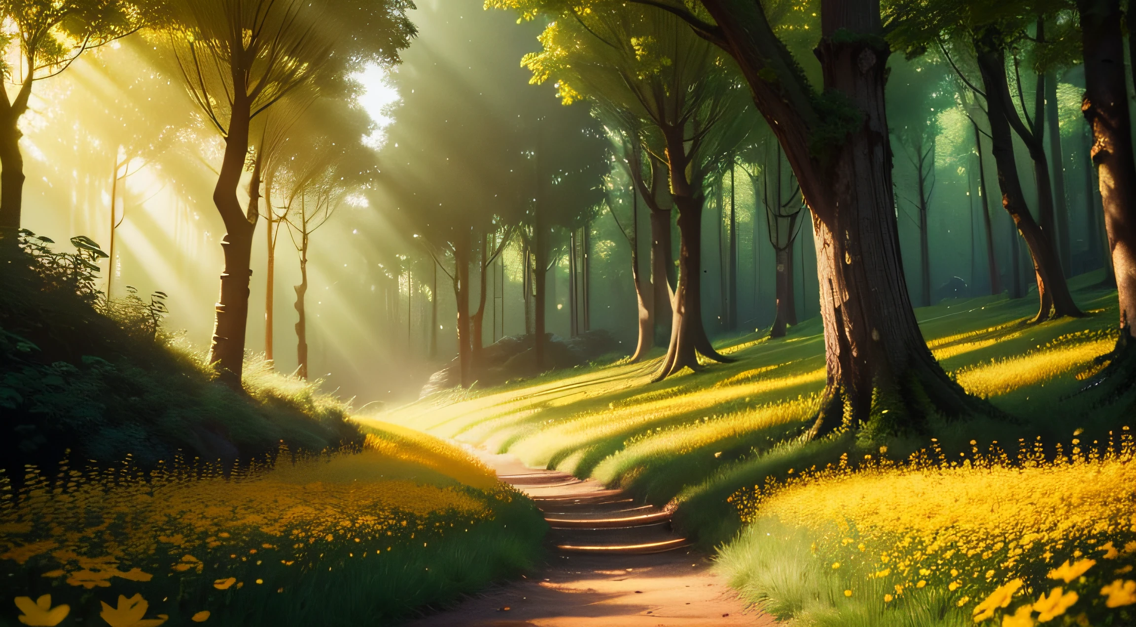 clearing in a verdant forest, pixar style, high quality, amazing sunray, yellow flowers around, orange flowers around, clearing