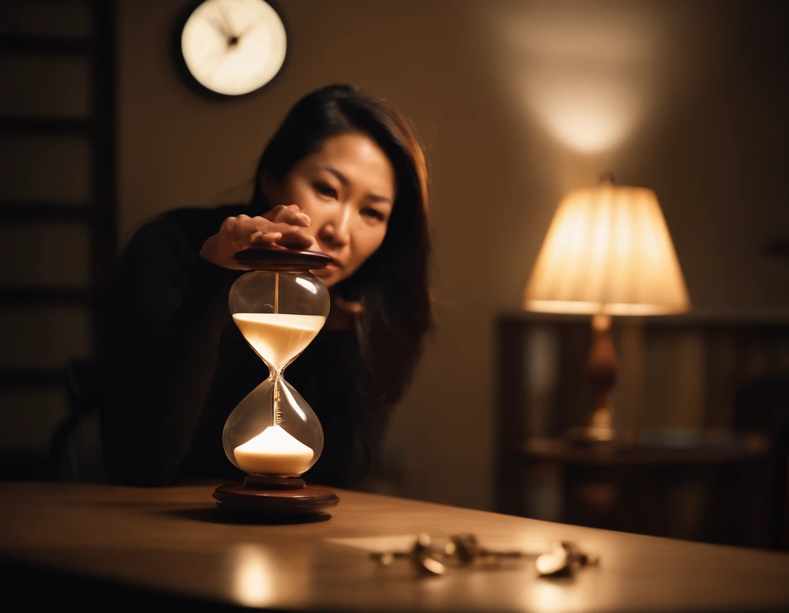35 year old Asian woman, attacked by clock, hourglass, calendar, light