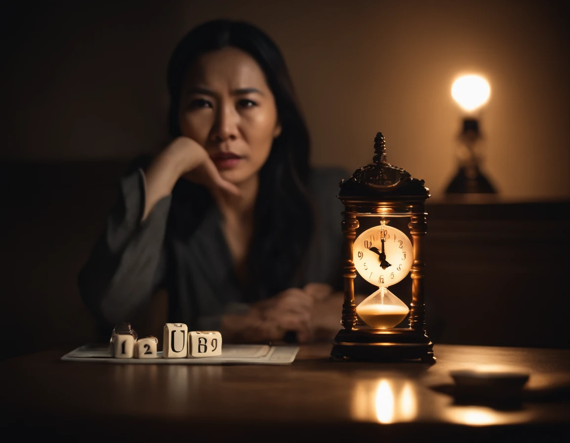 35 year old Asian woman, attacked by clock, hourglass, calendar, light