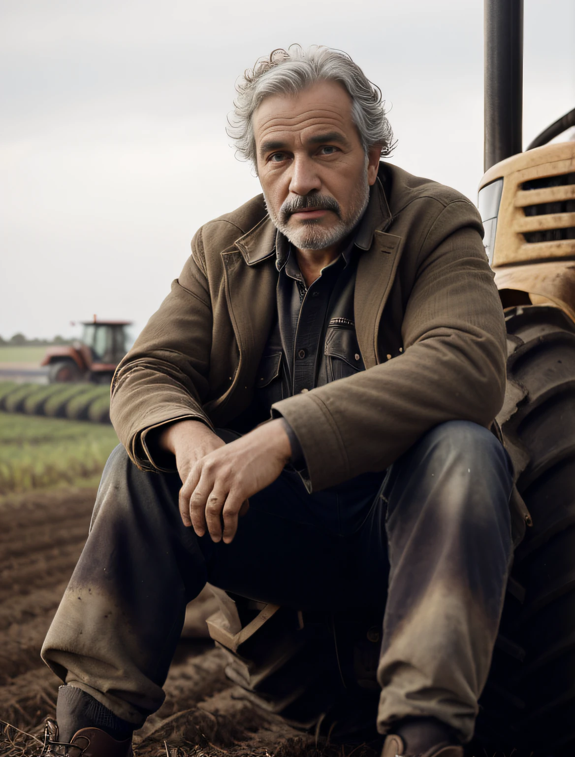 Man sitting on the ground in front of a tractor, agricultor, de uma cena de filme, robusto e sujo, Guilherme Blake, agricultura, photo from the 1850s of a farmer, homem maltrapilho, grisalho, Wyeth, A24, Directed by: Edwin Georgi, em uma fazenda, ffffound, still image from tv series