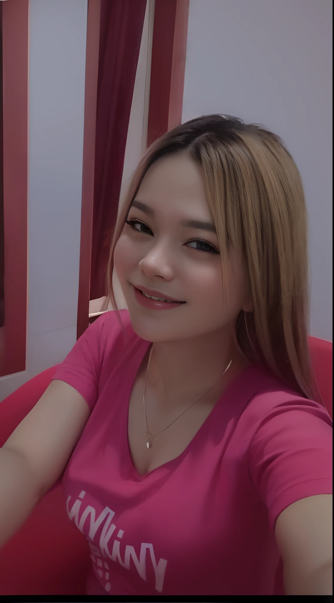 there is a woman sitting in a chair with a pink shirt, nivanh chanthara, anime thai girl, thawan duchanee, 3 0 years old woman, 30 years old woman, lovely smile, 18 years old, a young asian woman, ruan cute vtuber, 19-year-old girl, she is smiling
