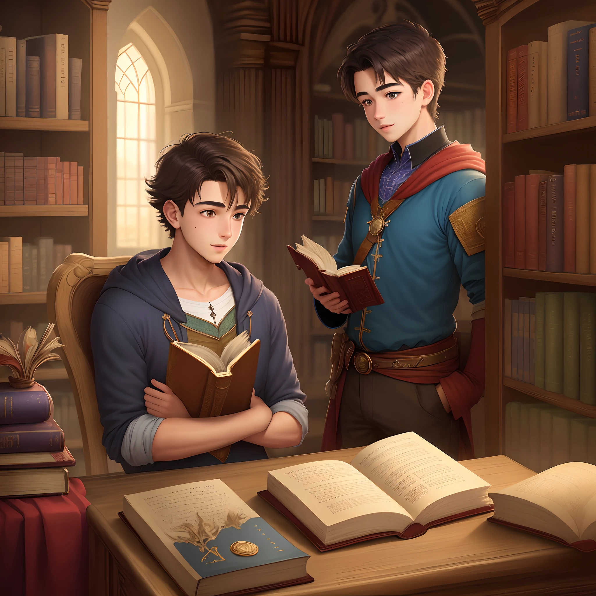 Rogerio, a young librarian, Flip through an ancient magical book in the mythology section of the library