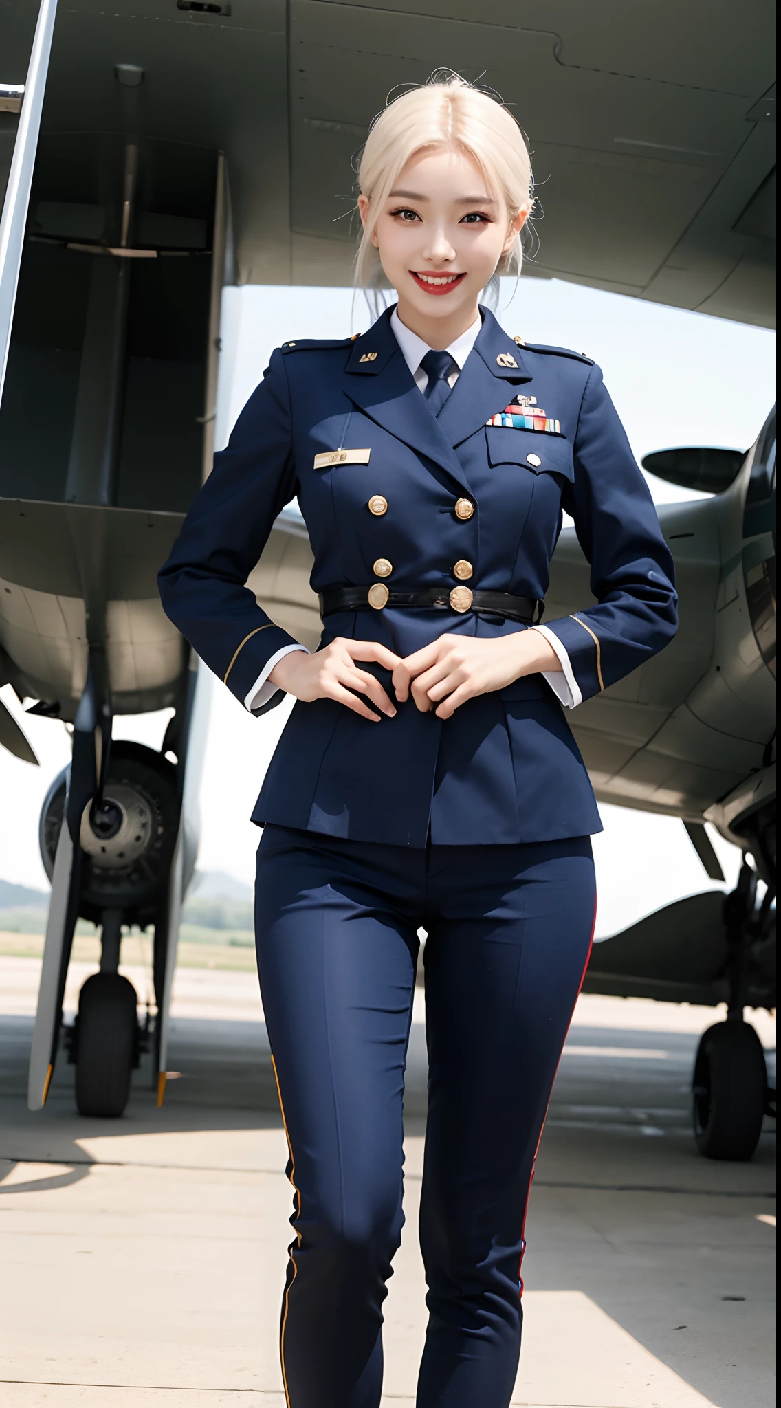 best quality, 4k, 8k, Beautiful Girl, Korean makeup, Red lips, Platinum hair, smiling, clear face, thigh, Perfect body, medium chest, Standing posture, Military attire, 2nd World War Costume, WW2, Military blue outfit, View of the aircraft carrier,