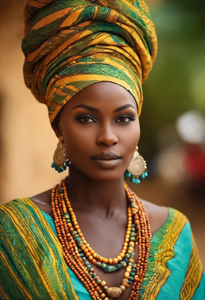 Femme africaine senegalaise ((Best quality)), ((Masterpiece)), (Ultra-detailed), High quality, Dressed in African outfit and sexy with a headscarf African fashion  ,intricate high detail, natural lighting, Outdoors in the African savannah, couleurs chaudes, (Bokeh), (mise au point nette sur les yeux), (high detail face, texture de la peau),