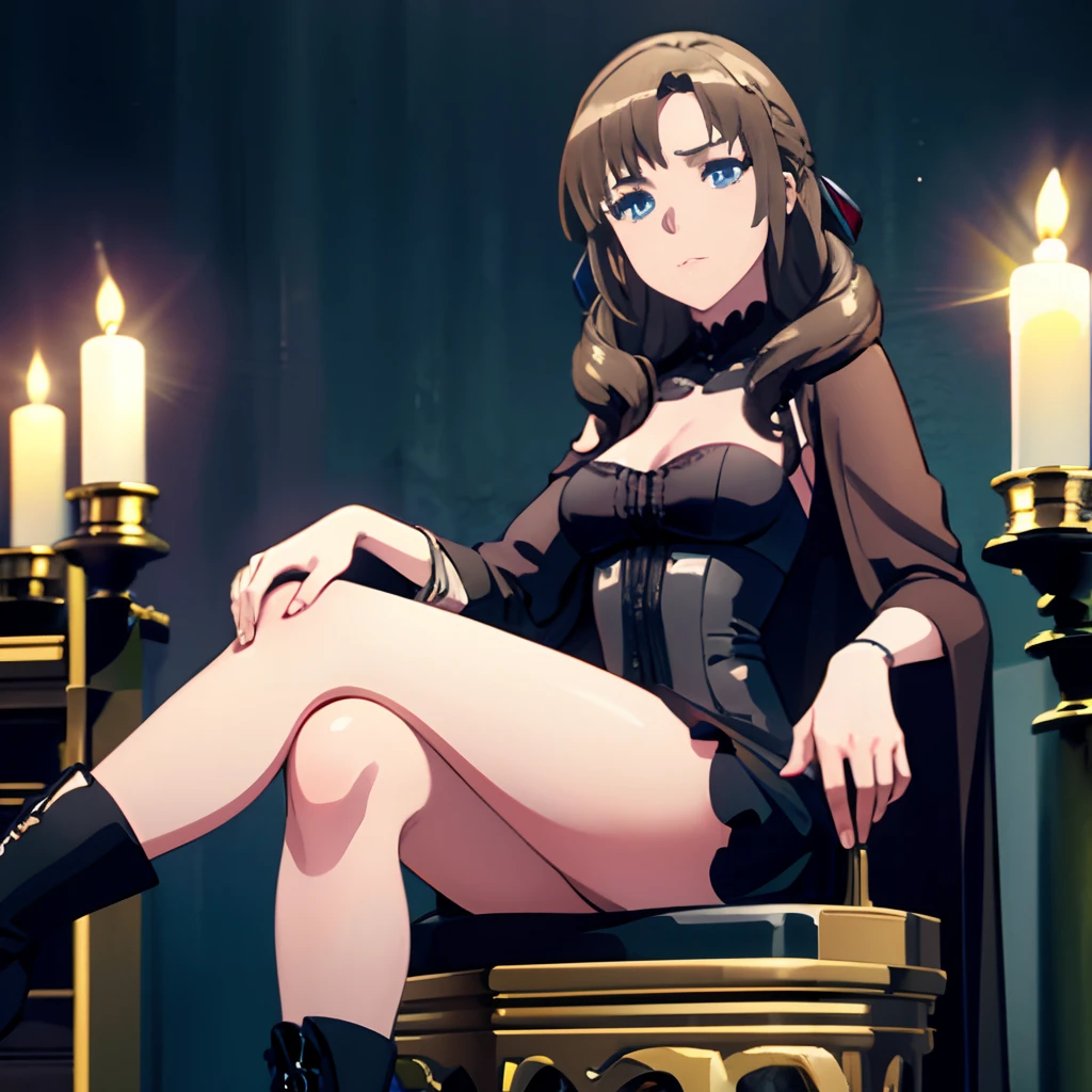 beautiful young witch wearing a revealing black dress, looking at the camera, sensual and super realistic face, sitting on an ornate throne, with boots, bare legs, beautiful, super realistic image, details in the face and skin. Dark fluo style background and candles lit in the place, surrounded by books and referring to the tarot and the horoscope. Taking care of details to the maximum, hands free. Close-up.