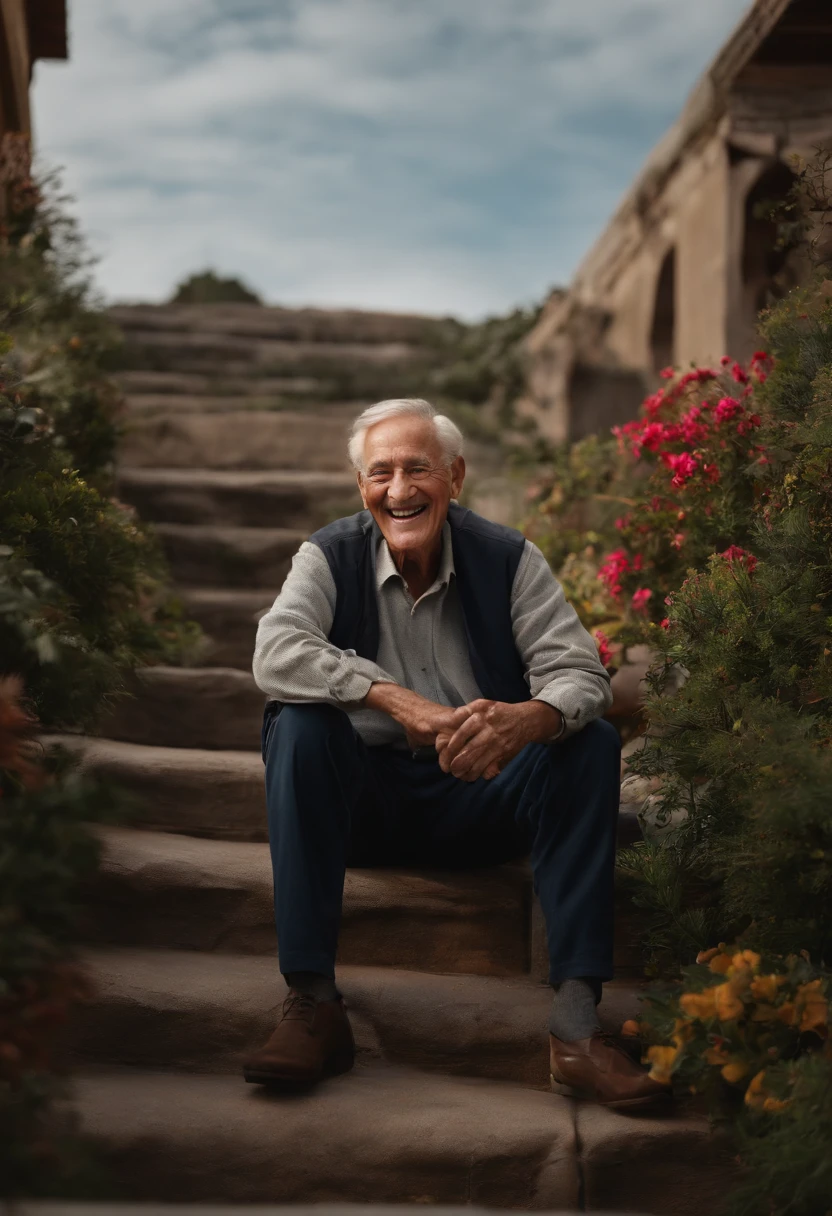 A 70-year-old grandfather sits on the steps,Facing us,Laughing and chatting with us,To be a real person picture