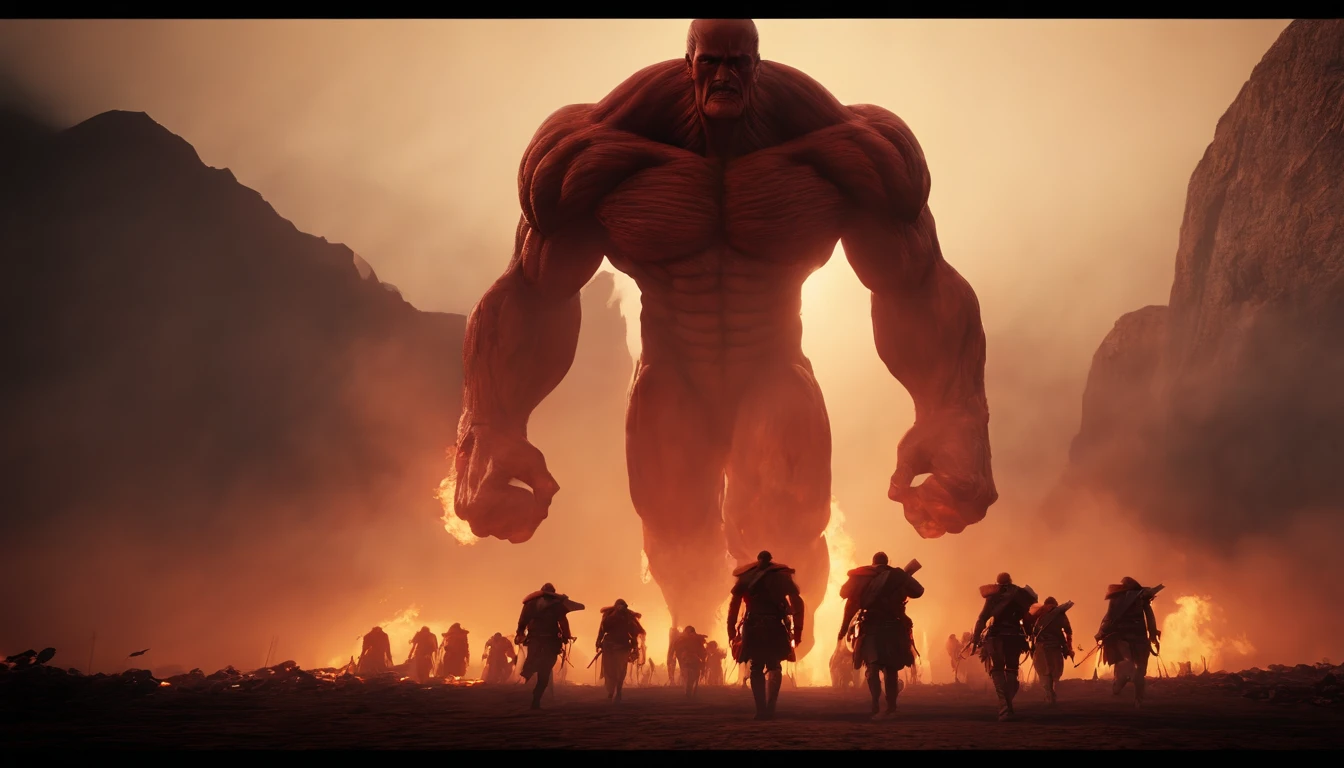 The rumbling from attack on titan.
Medium Low camera looking up towards towering, fleshy, muscular, red, collosal titans. The titans are walking unified and in a march through the burning landscape. There is smoke everywhere and high contrast yellow lighting in the back. There are over 20 titans in this photo. Photorealistic. Artstation. Unreal engine 5. Render. 3d model.