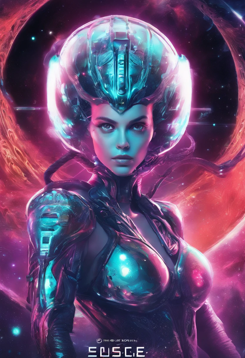 Cosmic alien life, beauty-queen, glowing dark eyes, fighting monsters, Biomechanical, eerie, Creepy, nightmarish, Very bright colors, Light particles, with crazy glowing, Mshiff, UHD, Miss June Comics cover, Cover art