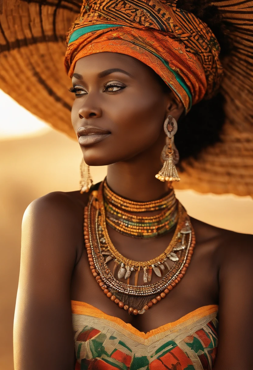 Femme africaine senegalaise ((Best quality)), ((Masterpiece)), (Ultra-detailed), High quality, Dressed in African outfit and sexy and breasts that appear with a scarf at the head African fashion ,intricate high detail, natural lighting, Outdoors in the African savannah, couleurs chaudes, (Bokeh), (mise au point nette sur les yeux), (high detail face, texture de la peau),