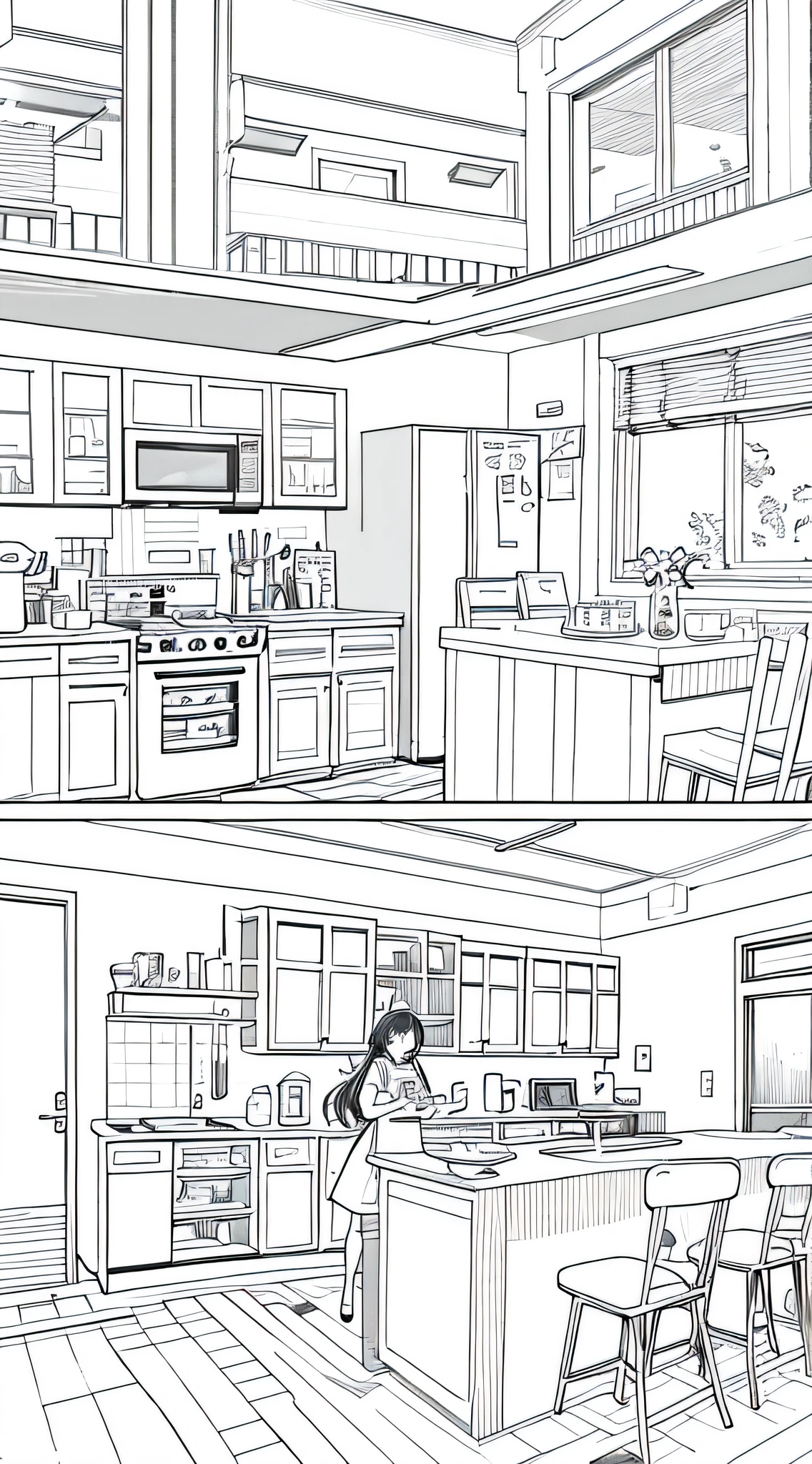 Four-panel comics，Pictures are comics with stories。The first image is a sketch of a woman preparing food in the kitchen,The second image shows a woman chopping vegetables in the kitchen，The third scene is a scene of a woman cooking in the kitchen，The fourth scene is the scene where the meal is finished。 full page illustration,  Cooking, book illustrations, page scan from book, full page illustration, line art illustration, Picture order, Detailed illustrations, illustration line art style, baking artwork, inspired by Cui Zizhong