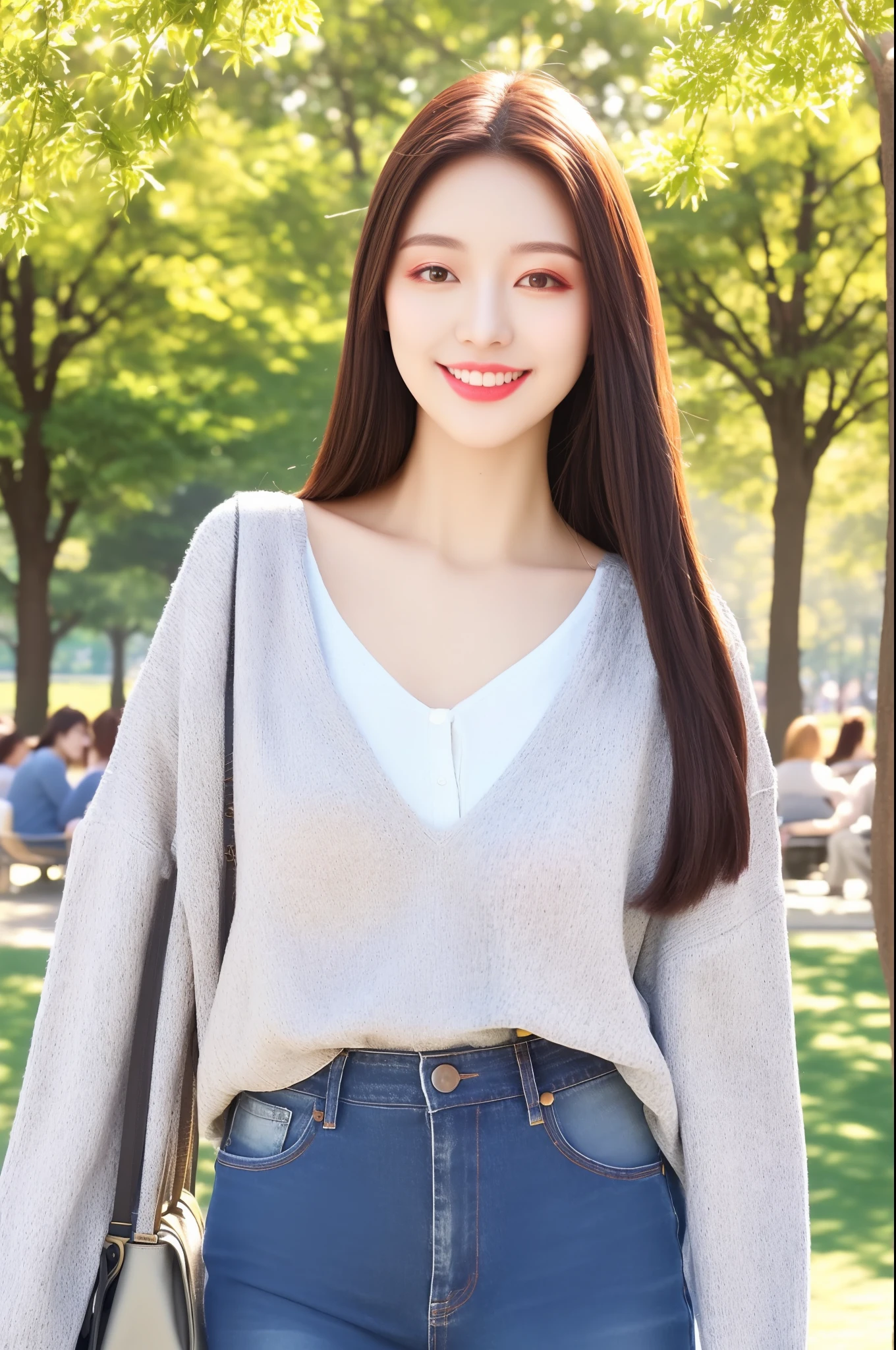 High quality photos、Dynamic posture、slender physique、smil、(ighly detailed:1.3)、(Textured skin:1.3)、(makeup:1.3)、Smaller chest、lipsticks、(A detailed eye)、hight resolution、Realistic lighting、(Sweaters and jeans)、(background in public park:1.2)、(Sunnyday:1.3)、
