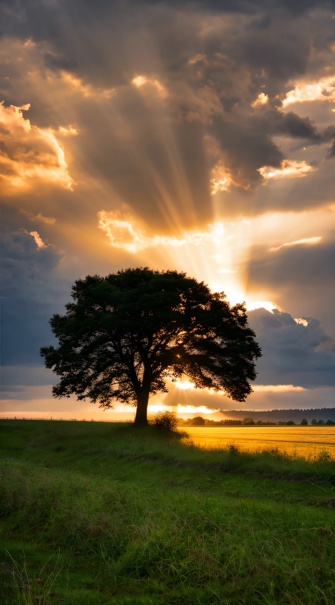 rural landscape, zaun, grassy, The tree,Sunlight shines through dark clouds,dingdall effect, lake, dirt road, Ultra illumination, best illuminate, k hd, tmasterpiece, high high quality, A high resolution, best qualtiy, artwork of a, style of anime, hyper qualit, Tree verbose