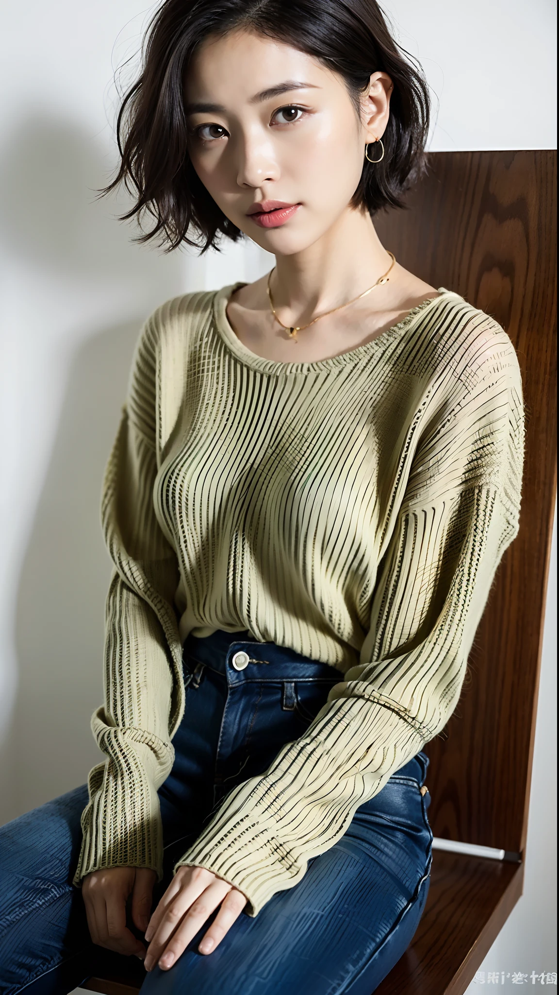 (Best Quality, 8K, 32K, masutepiece, nffsw: 1.2), photo beautiful Japanese woman, Room, Exquisite facial features, Perfect figure, Curly Shorthair, Full body photo, Yarn knitting sweater, Necklace, Simple background, From above, Looking at the viewer,