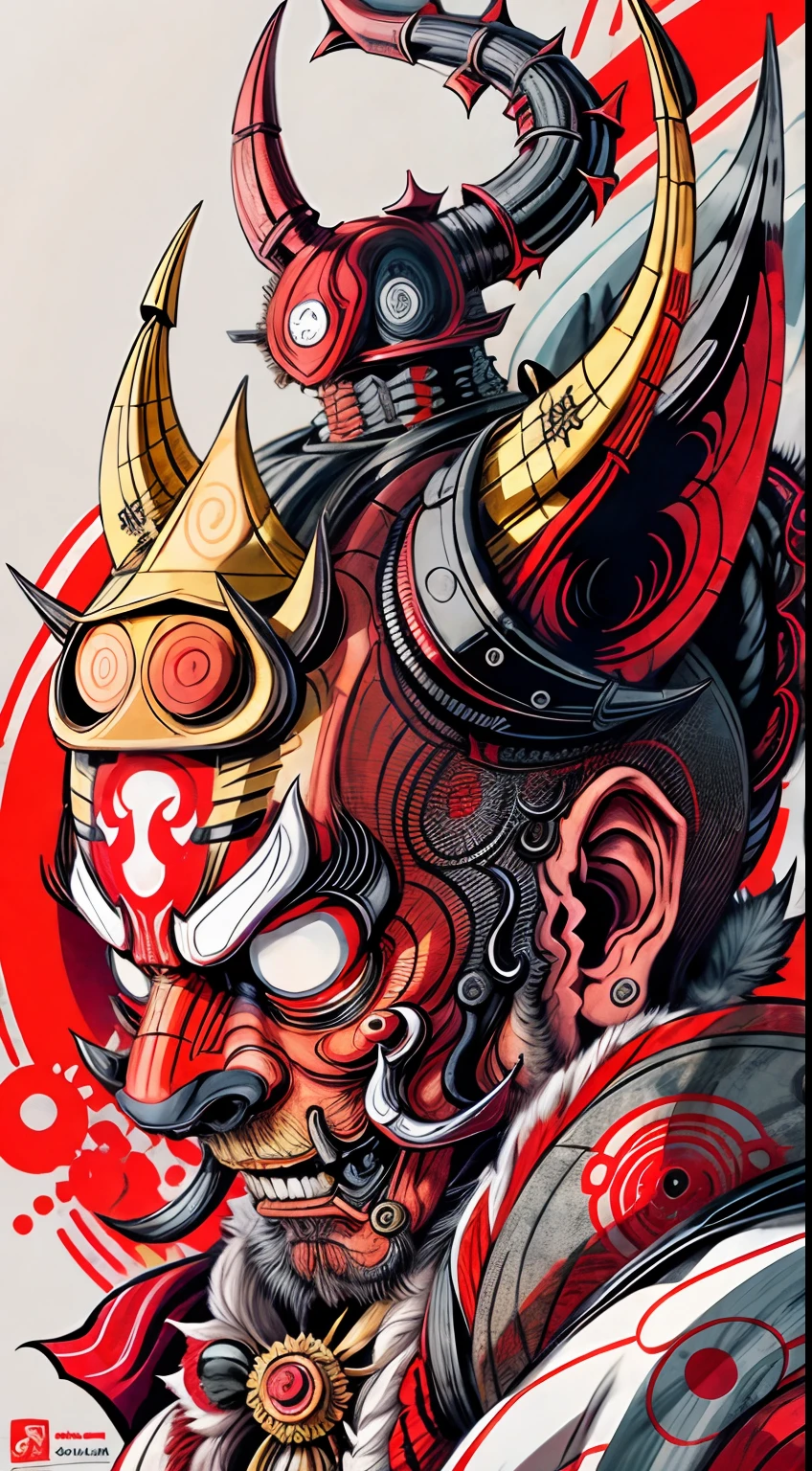 Hannya mask style of 0mib, illustrator, masterpiece, high quality, 8k, high resolution, high detailed, Japanese, samurai