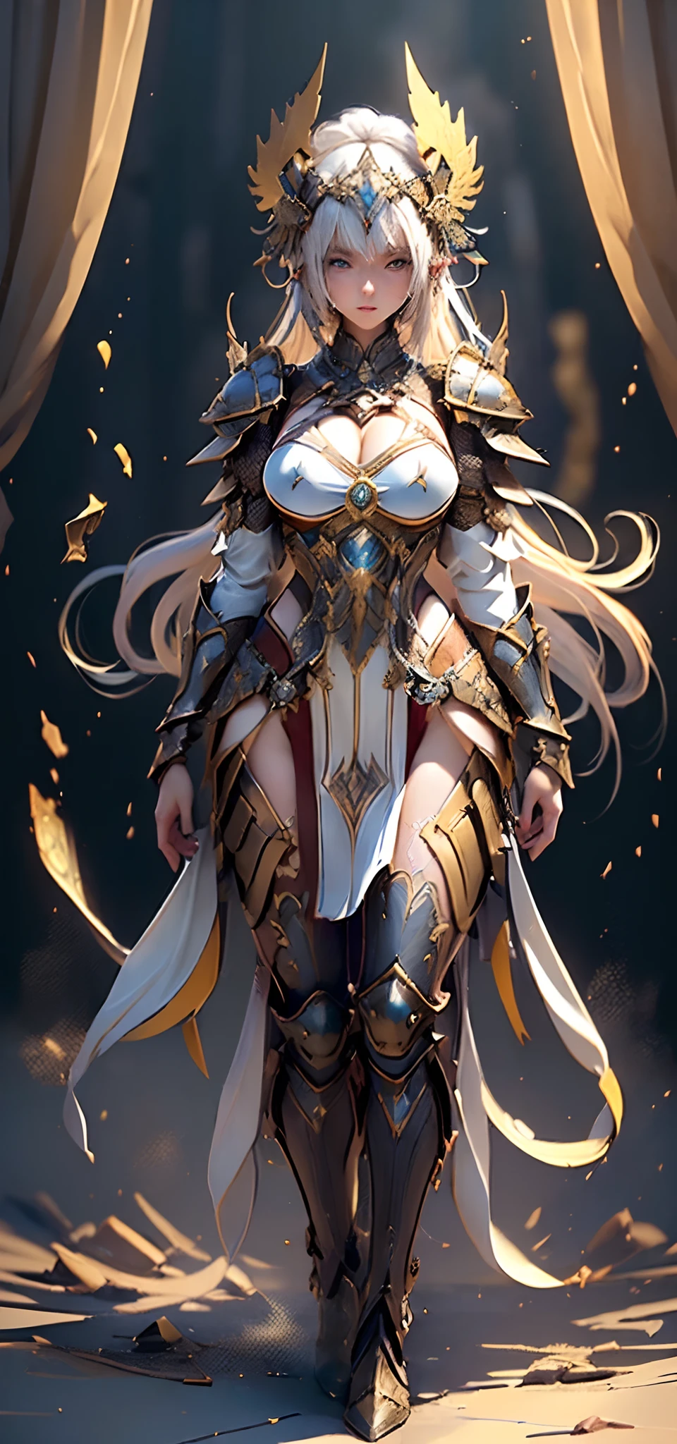 (( (tmasterpiece),(Very detailed CG Unity 8K wallpaper),best qualtiy,cinmatic lighting,细致背景,beatiful detailed eyes,Bright pupils,(Very fine and beautiful),(Beautiful and detailed eyes description),ultra - detailed,tmasterpiece,facing at camera,hight resolution)), ((Dressed in insanely sexy bikini armor:1.4)), Richly decorated armor, a beautiful woman warrior, Shorthair, Platinum Blonde Hair, cleavage of the breast