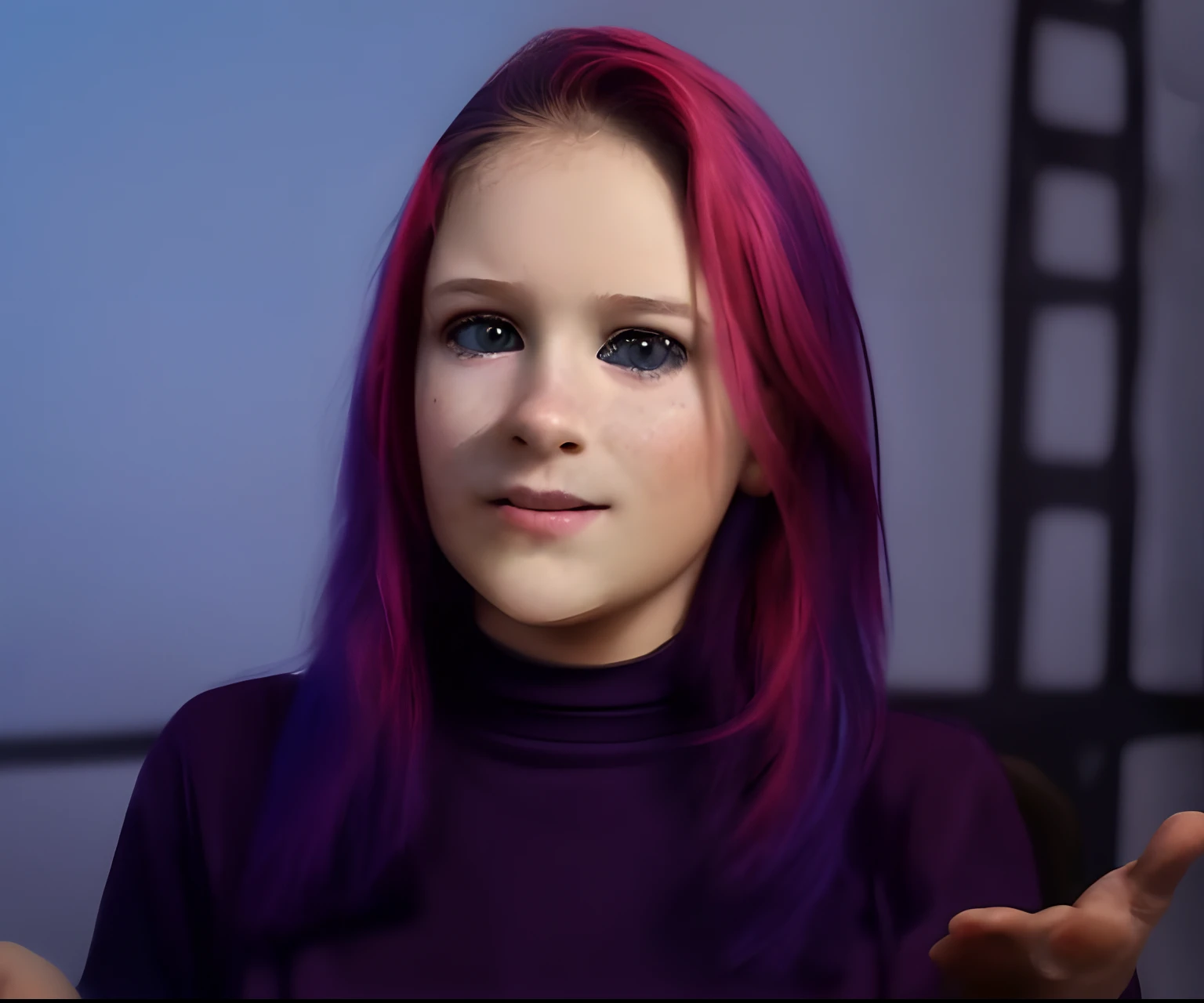 Crie uma imagem ultra realista a partir do rosto dessa foto. This new image should be of a child with the features of the face from the original photo. That child should be standing in a children's classroom. This child must appear to be 6 years old and will be a girl with colored hair like the one in the original photo