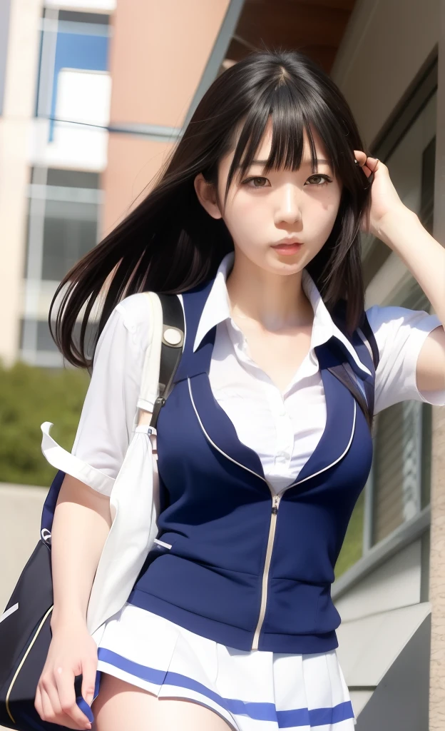 Anime girl in blue skirt and white shirt runs, In anime style, ikki tousen, School Girl, an anime girl, Anime Girl, In an anime style, inspired by Rei Kamoi, anime thai girl, In a Japanese anime style, rumiko, Ecchi anime style, inspired by Tsubasa Nakai, Realistic Schoolgirl, Rei Hiroe