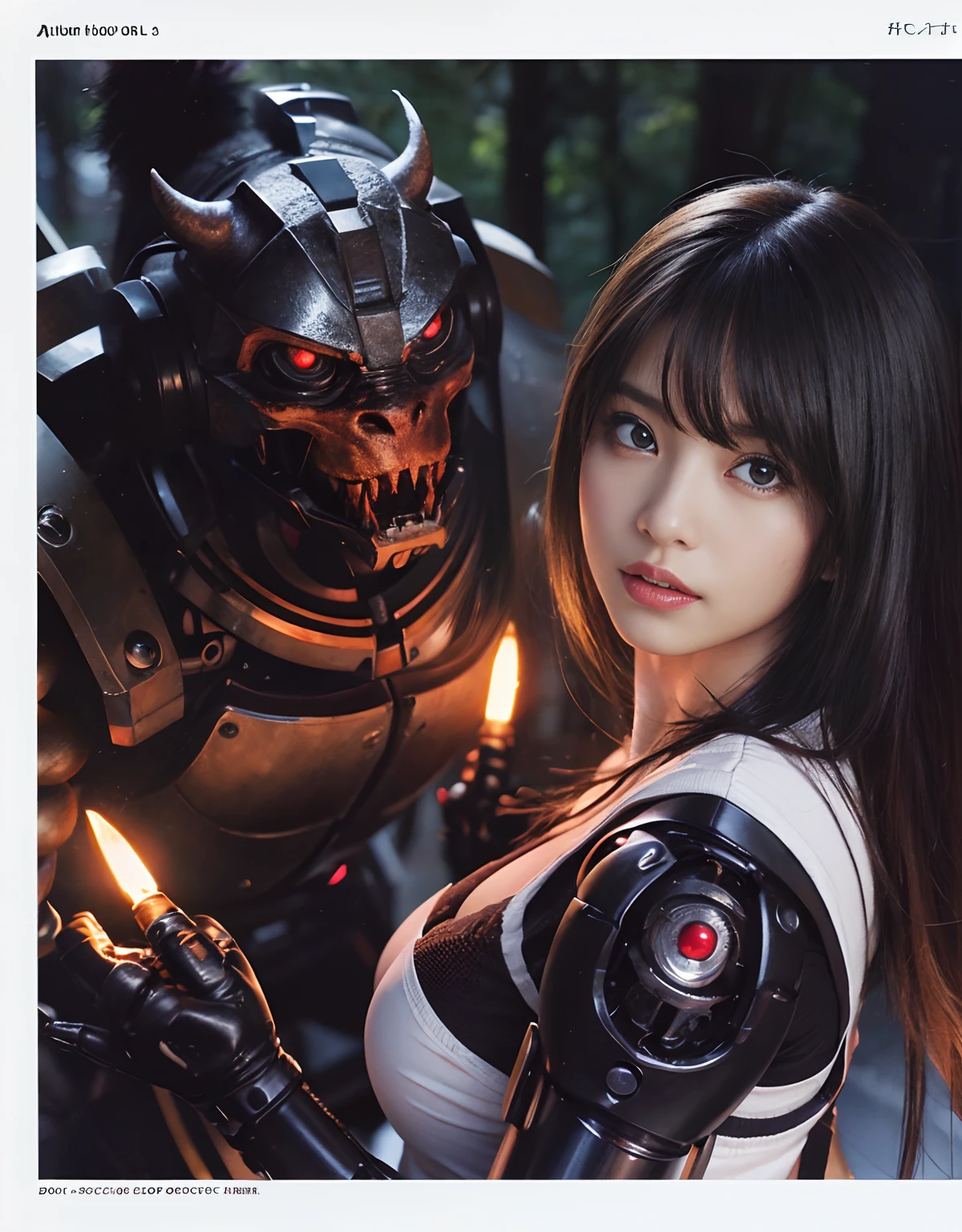 (1 Mechanical Girl)、top-quality、masterpiece、超A high resolution、(Photorealsitic:1.4)、Raw photo、女の子1人、Fight mutants、glowy skin、(((1 Mechanical Girl)))、With a beautiful knife、(Red Metal Bodysuit)、(Fight goblings、ogre、Fierce battle with orcs),(Fight fiercely against aliens)、Fight fiercely、(beautiful forest background)、(Fighting Demonic Beasts)、(Small LED)、((super realistic details))、portlate、(Strong giant demon beast background),globalillumination、Shadow、octan render、8K、ultrasharp、Colossal tits、Raw skin is exposed in cleavage、metals、Details of complex ornaments、Japan details、highly intricate detail、Realistic light、(Mystical expression),CGSoation Trends、Blue eyes、radiant eyes、Facing the camera、neon details、(Mechanical limbs)、(blood vessels connected to tubes)、(Wires and cables connecting to the head)、Small LED、,Mechanical thighs、Toostock、(Hands are also made of machines)、(Attack of the Monster Beasts)、