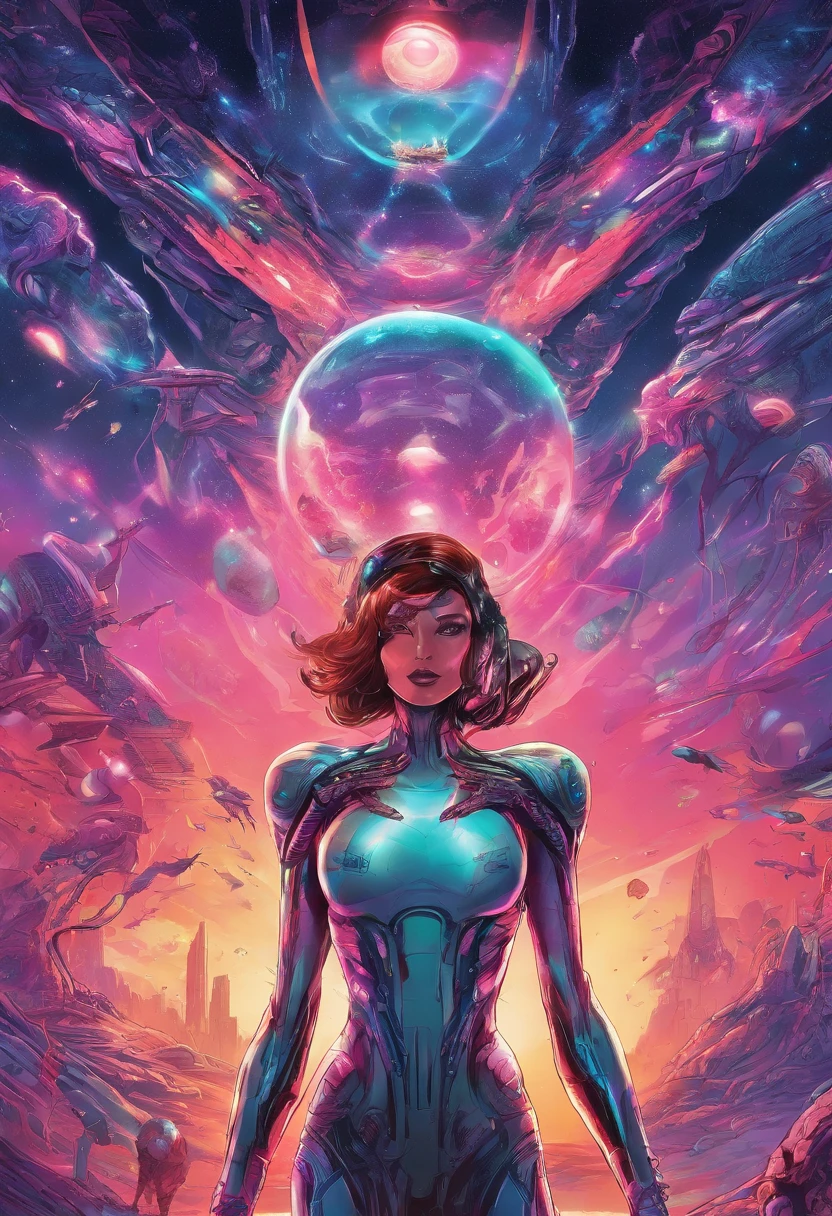 Cosmic alien life, bird beauty-queen, glowing eyes, fighting with bloody monsters, Biomechanical, eerie, Creepy, nightmarish, Very bright colors, Light particles, Mshiff, UHD, Miss June Comics cover, Cover art