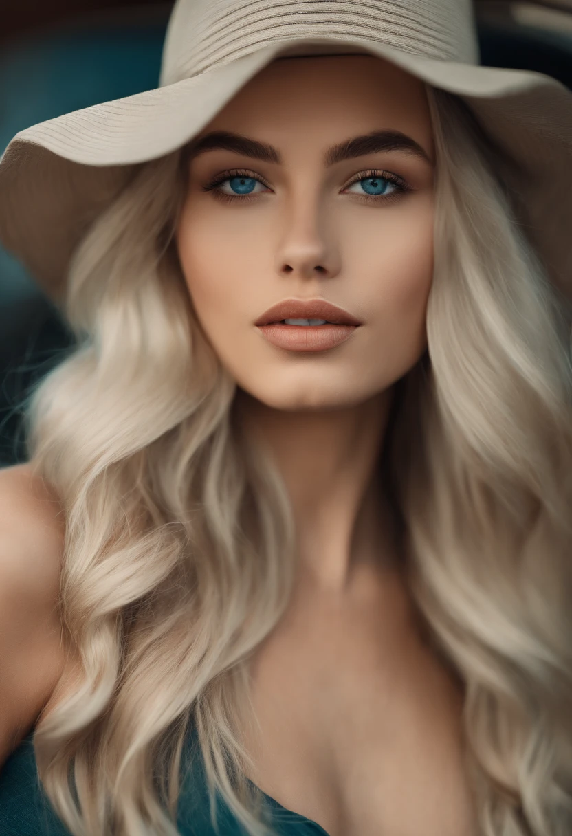A beautiful woman, 18 years old, fair skin, slim body, straight platinum blonde hair, long hair, stylish haircut, wavy hair, attractive face, attractive young face, blue eyes, detailed face, full lips, body photo entire, neutral color background image, edited in Adobe Premiere, 8k