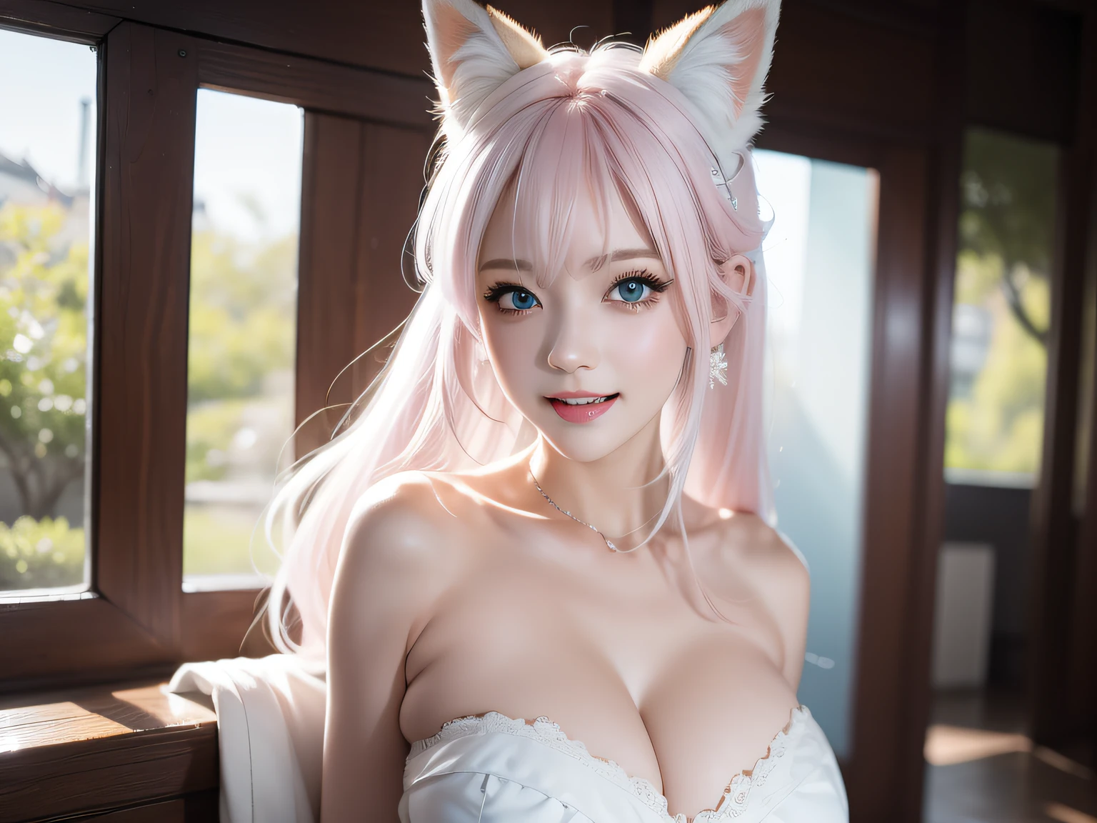 great laughter、Full body, (Naked:1.5), Two Miss Fox Demons，Fox Devil Fox Years White Hair Girl，Sexy and feminine，Fluffy fox ears，fox tails，No ears，reddish tones，The beauty of fox ears alone，Cover chest，Clan Girl，Fox's eye，Enchanted，Charming， K， best qualtiy， tmasterpiece，  Raised sexy， Highly detailed face and eyes， professional make up，blue eyess ，， glow blue eyes，Pink-haired girl with fox ears、Looking here、Beautiful ,Nothing is worn、