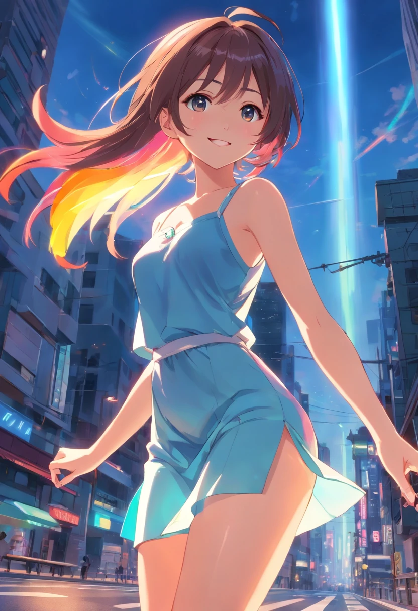 (masutepiece:1.2), Best Quality, (Illustration:1.2), (Ultra-detailed),Eye focus,(Masterfully crafted Glow, Lens Flare), (Cinematic background), hyperdetails, (delicate detailed), (Intricate details), Octane Render, nffsw, (hyperdetails:1.15), (Soft light:1.2), 1girl in, Beautiful mature girl, Ultra detailed eyes, Young Girl, Shiny skin, High definition beautiful beautiful face woman, wearing miniskirt, with a beautifull smile, Beautiful face, Long rainbow hair, thong:1.1, (Spread legs:1.1),, (Dress Lift:1.3), (((showing her ))), thong, Body)))))), View from below, Heel Shoes, bared chest