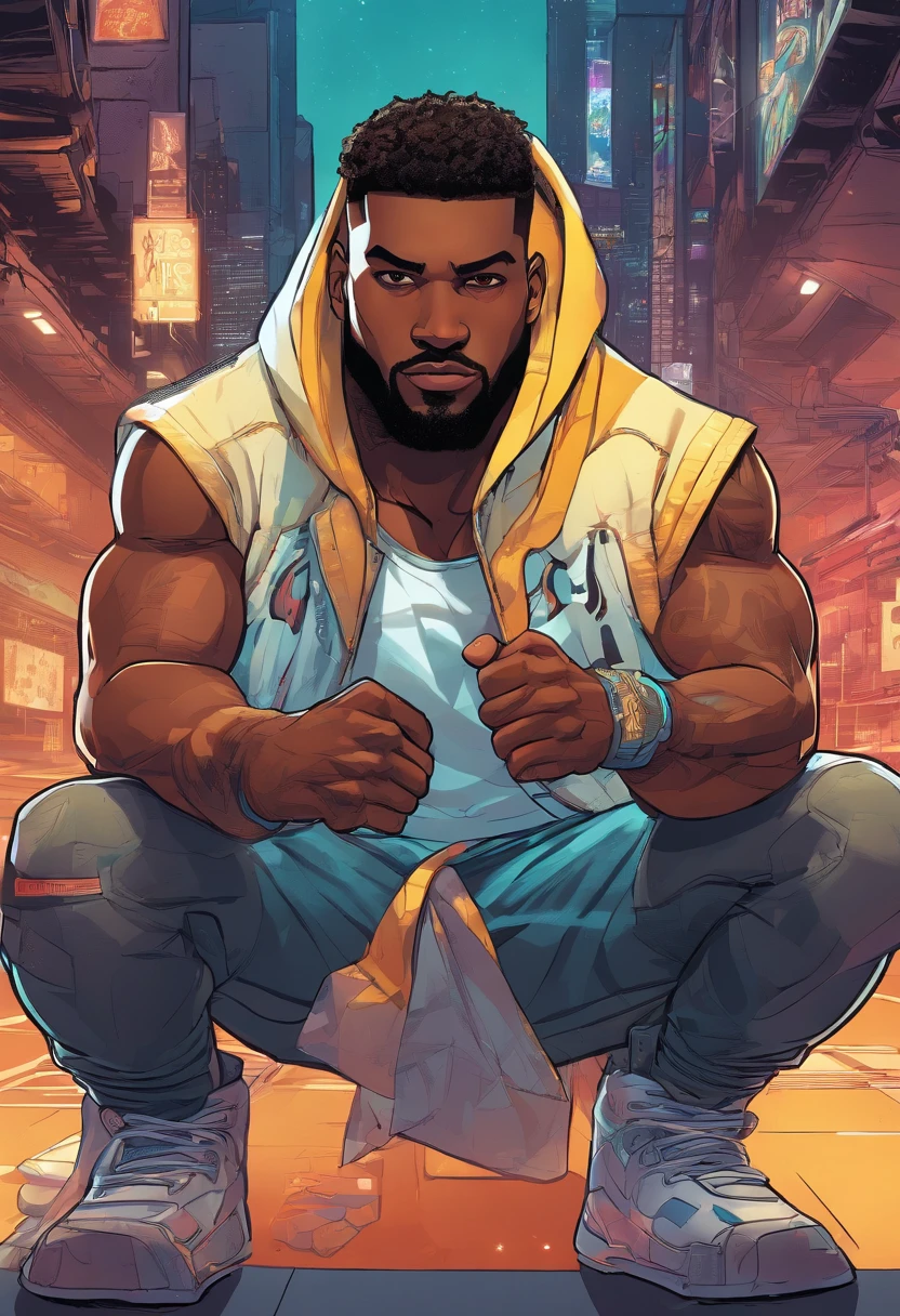 American Cartoon Cover. The cover of the comic strip features  (Best quality,high resolucion,Ultra-detailed,Realstic:1.2), Sexy black man with robotic arms wearing a white sleeveless hoodie with VIVELESPORT writing on his torso, Yeux bruns, queue de cheval brune, Crackling Energy, Light beard, Concept futuriste, Couleurs vives, Luminous neon lights, Physique impressionnant, souriant Position puissante, Style cyberpunk, metallic texture, Milieu neutre, Contexte du paysage gymnase de basket