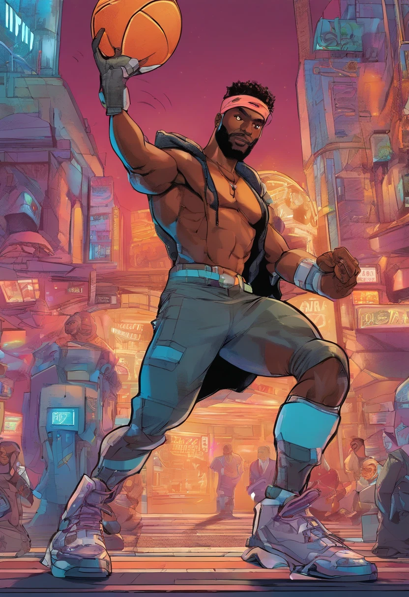 American Cartoon Cover. The cover of the comic strip features  (Best quality,high resolucion,Ultra-detailed,Realstic:1.2), Sexy black man with robotic arms wearing a white sleeveless hoodie with VIVELESPORT writing on his torso, Yeux bruns, queue de cheval brune, Crackling Energy, Light beard, Concept futuriste, Couleurs vives, Luminous neon lights, Physique impressionnant, souriant Position puissante, Style cyberpunk, metallic texture, Milieu neutre, Contexte du paysage gymnase de basket