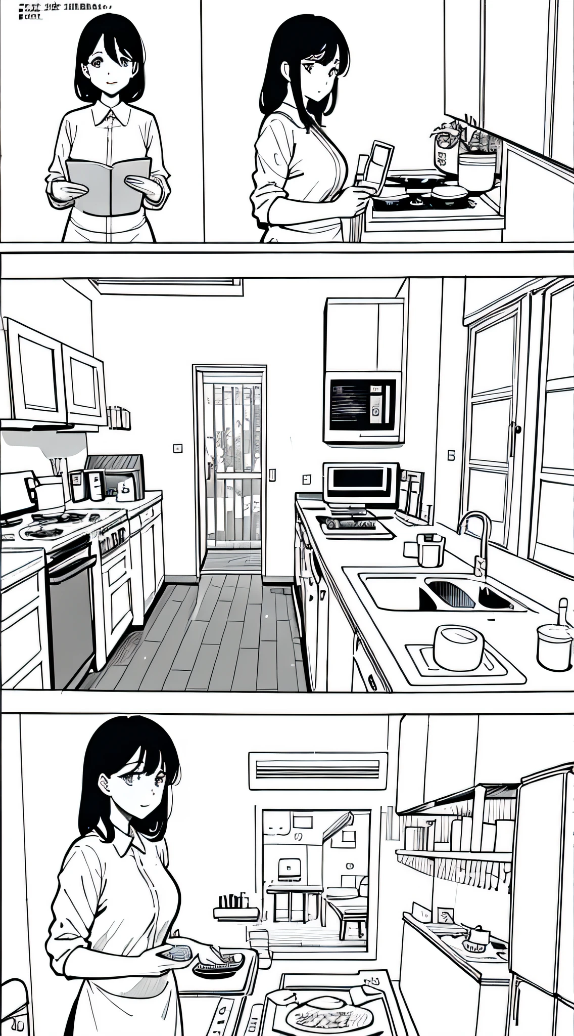 Four-panel comics,Pictures are comics with stories。The first image is a sketch of a woman preparing food in the kitchen,The second image shows a woman chopping vegetables in the kitchen,The third scene is a scene of a woman cooking in the kitchen,The fourth scene is the scene where the meal is finished。 full page illustration, Cooking, book illustrations, page scan from book, full page illustration, line art illustration, Picture order, Detailed illustrations, illustration line art style, baking artwork, inspired by Cui Zizhong