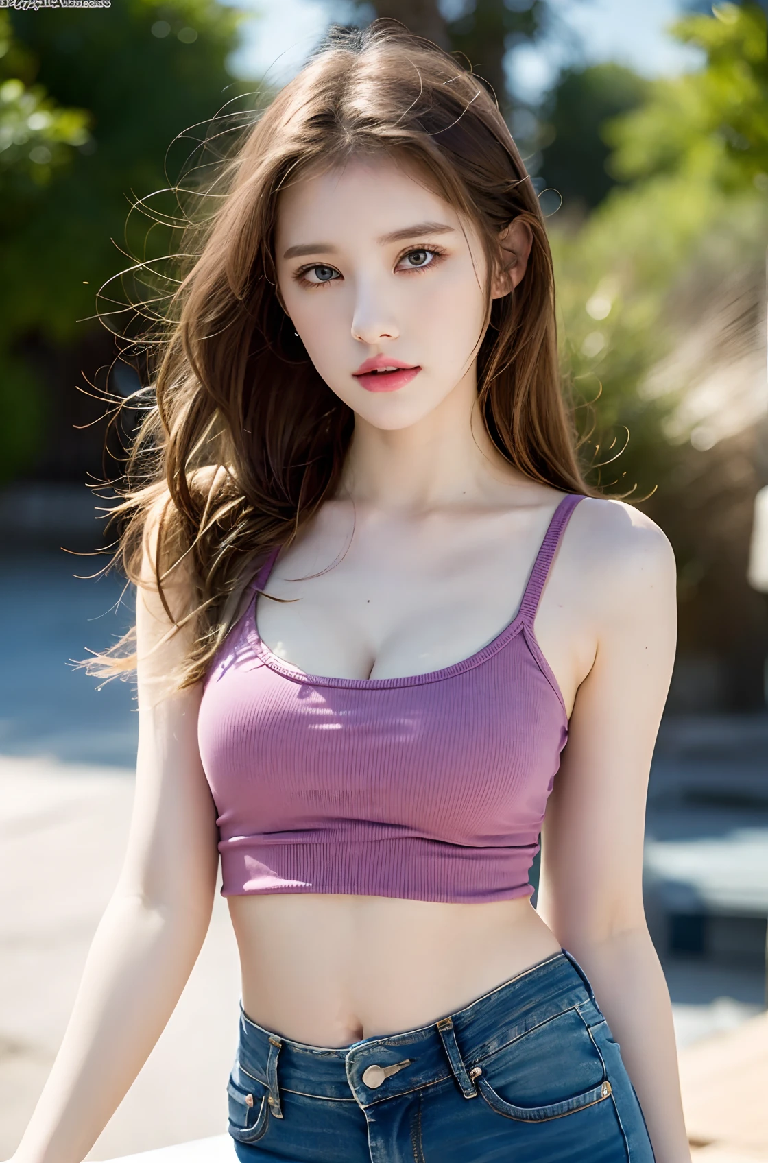 （Lifelike， hight resolution：1.3）， 1 girl with a perfect body， super fine face and eyes，length hair， Tank top of random colors：1.2，Short jeans，Expose your large cleavage