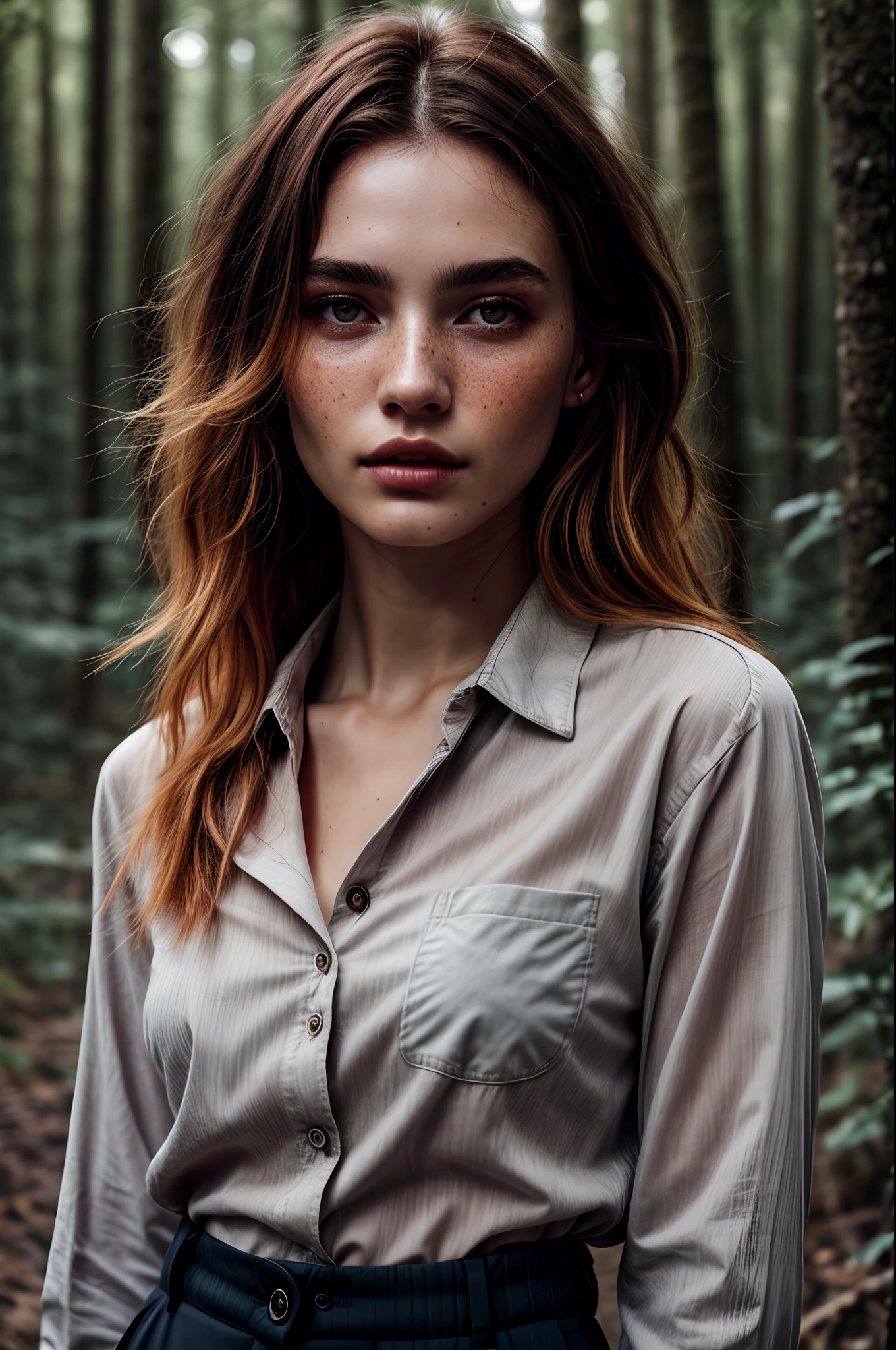 An adult white woman with brown tied hair and blue eyes wearing a white button-down shirt in the woods