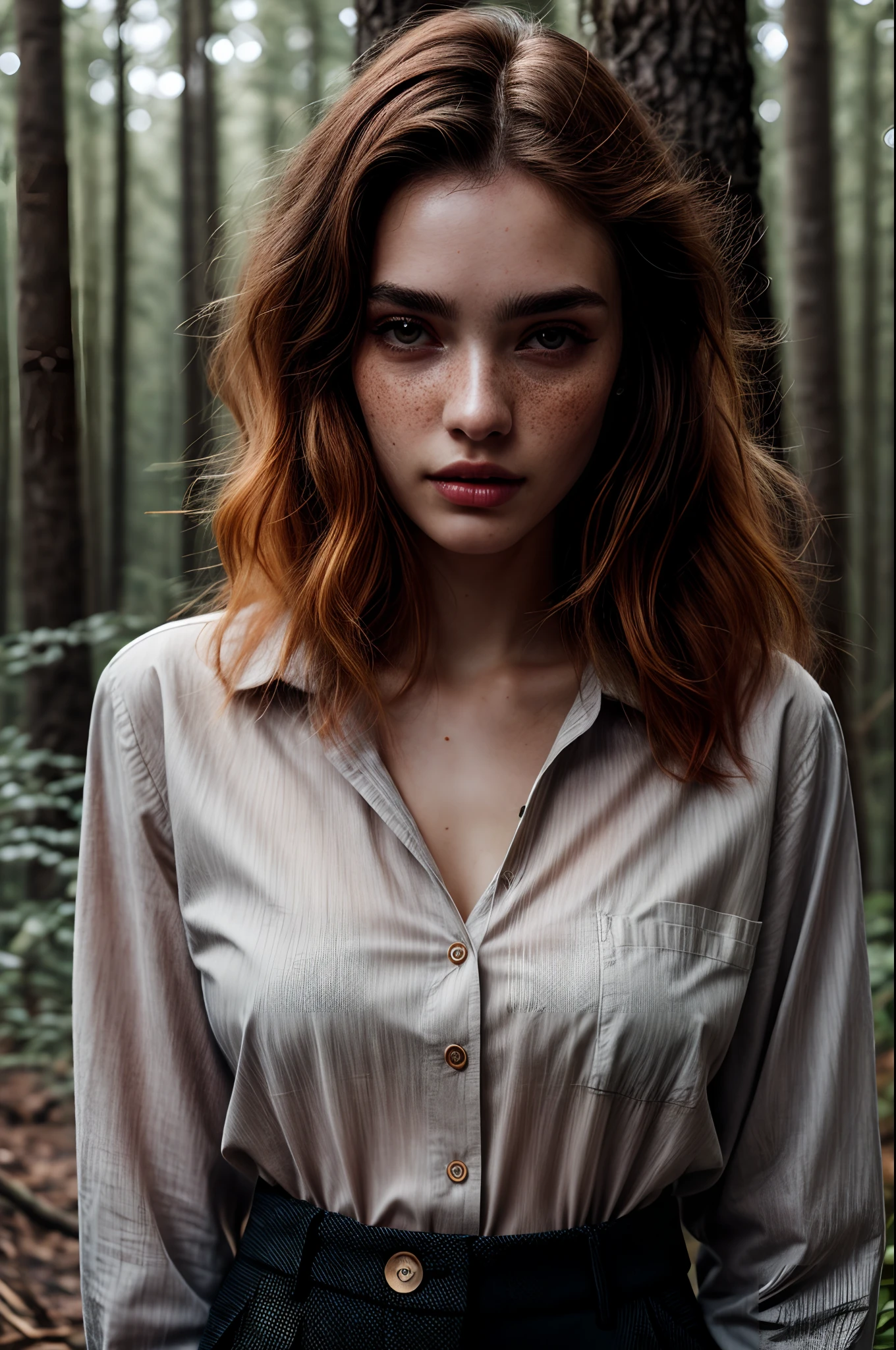 a photo of a seductive woman with loose styled redhead hair, posing in a forest, bored, she is wearing Button-up Shirt and Trousers, mascara, , (textured skin, skin pores:1.1), (moles:0.8), (imperfect skin:1.1) intricate details, goosebumps, flawless face, (light freckles:0.9), ((photorealistic):1.1), (raw, 8k:1.2), dark, muted colors, slate atmosphere,
