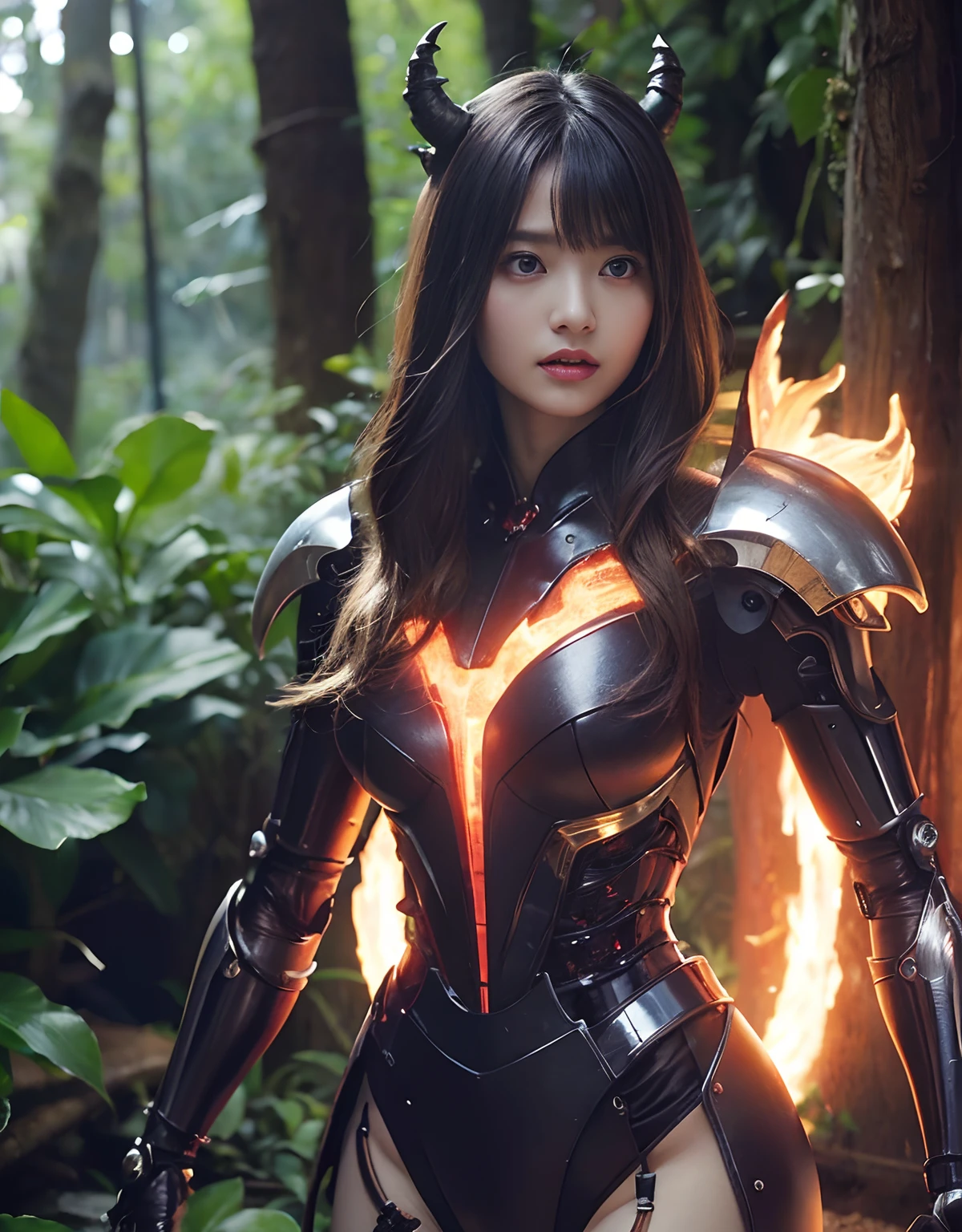 (1 Mechanical Girl)、top-quality、​masterpiece、超A high resolution、(Photorealsitic:1.4)、Raw photo、***1人、Fight mutants、glowy skin、(((1 Mechanical Girl)))、With a beautiful knife、（Yellow Metal Bodysuit）、(Kobold、ogre、Fierce battle with orcs),（Fight fiercely against aliens）、Fight fiercely、(beautiful forest background)、(Fighting Demonic Beasts)、(Small LED)、((super realistic details))、portlate、(Strong giant demon beast background),globalillumination、Shadow、octan render、8K、ultrasharp、Colossal tits、Raw skin is exposed in cleavage、metals、Details of complex ornaments、Japan details、highly intricate detail、Realistic light、(Mystical expression),CGSoation Trends、Red Eyes、radiant eyes、Facing the camera、neon details、(Mechanical limbs)、(blood vessels connected to tubes)、Mechanical vertebrae attached to the back、mechanical cervical attaching to neck、(Wires and cables connecting to the head)、Gundam、Small LED、,Mechanical thighs、Toostock、（Hands are also made of machines）、（Attack of the Monster Beasts）、（Wounded in a deadly battle）、