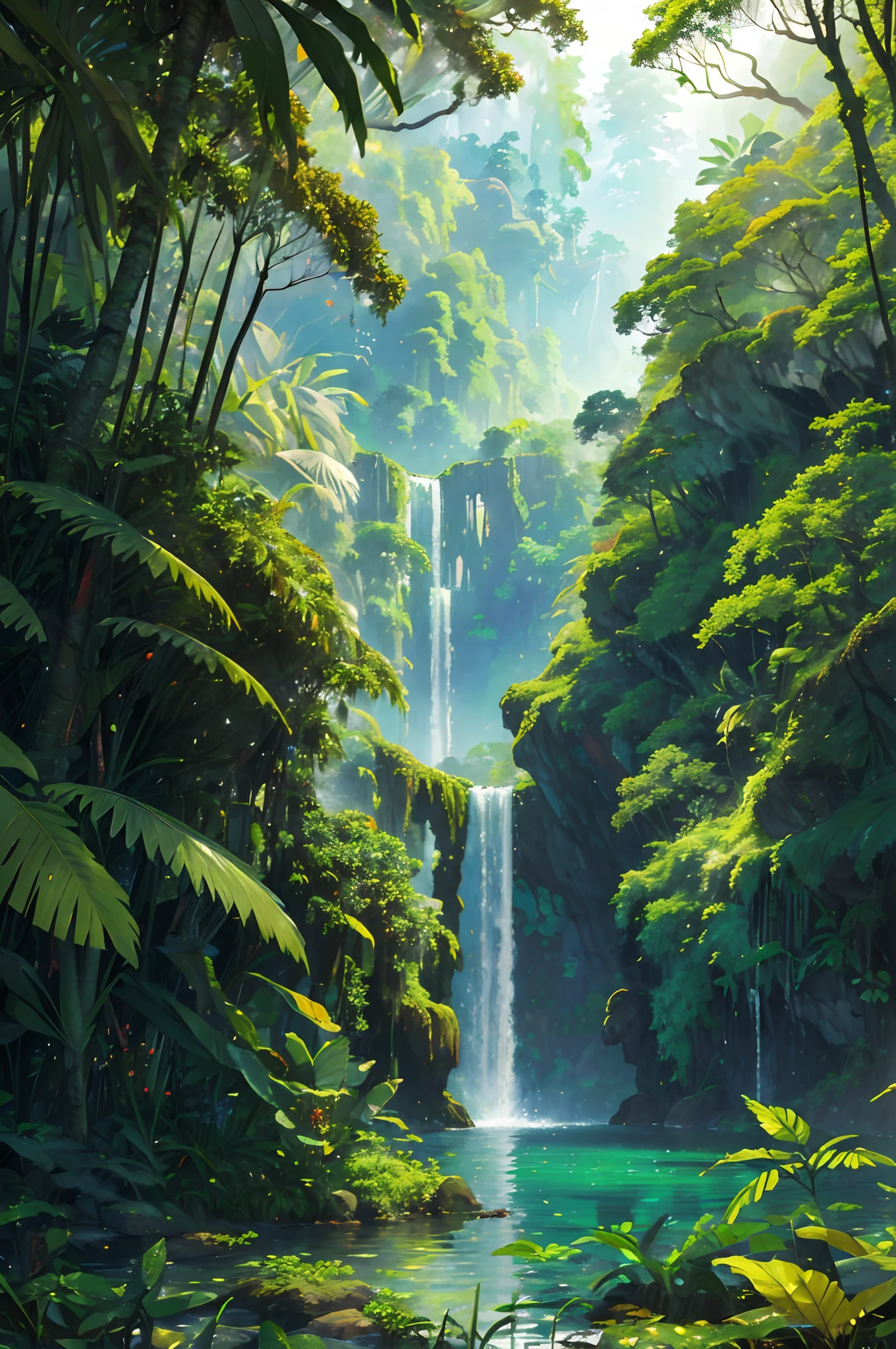 (best quality,highres,masterpiece:1.2),ultra-detailed,realistic,photorealistic:1.37,colorful,beautiful jungle,expansive, lush greenery,towering trees,calm atmosphere,majestic waterfalls,exotic wildlife,misty atmosphere,serene ponds,abundant flora and fauna,natural diversity,romantic sunset,soft sunlight filtering through leaves,tranquil ambiance.