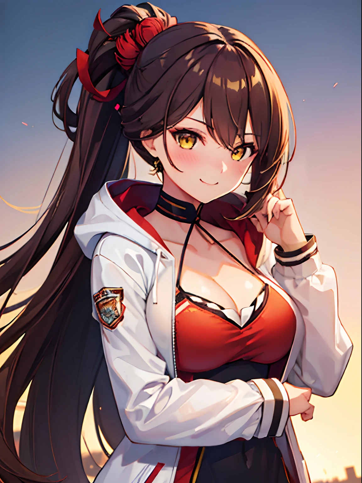 (((best quality, 1girl))), long hair, brown hair, breasts, large breasts, bangs, yellow eyes, blush, cleavage, very long hair, hair ornament, smile, collarbone, brown eyes, ponytail, red hoodie, white jacket, modern, casual, city background