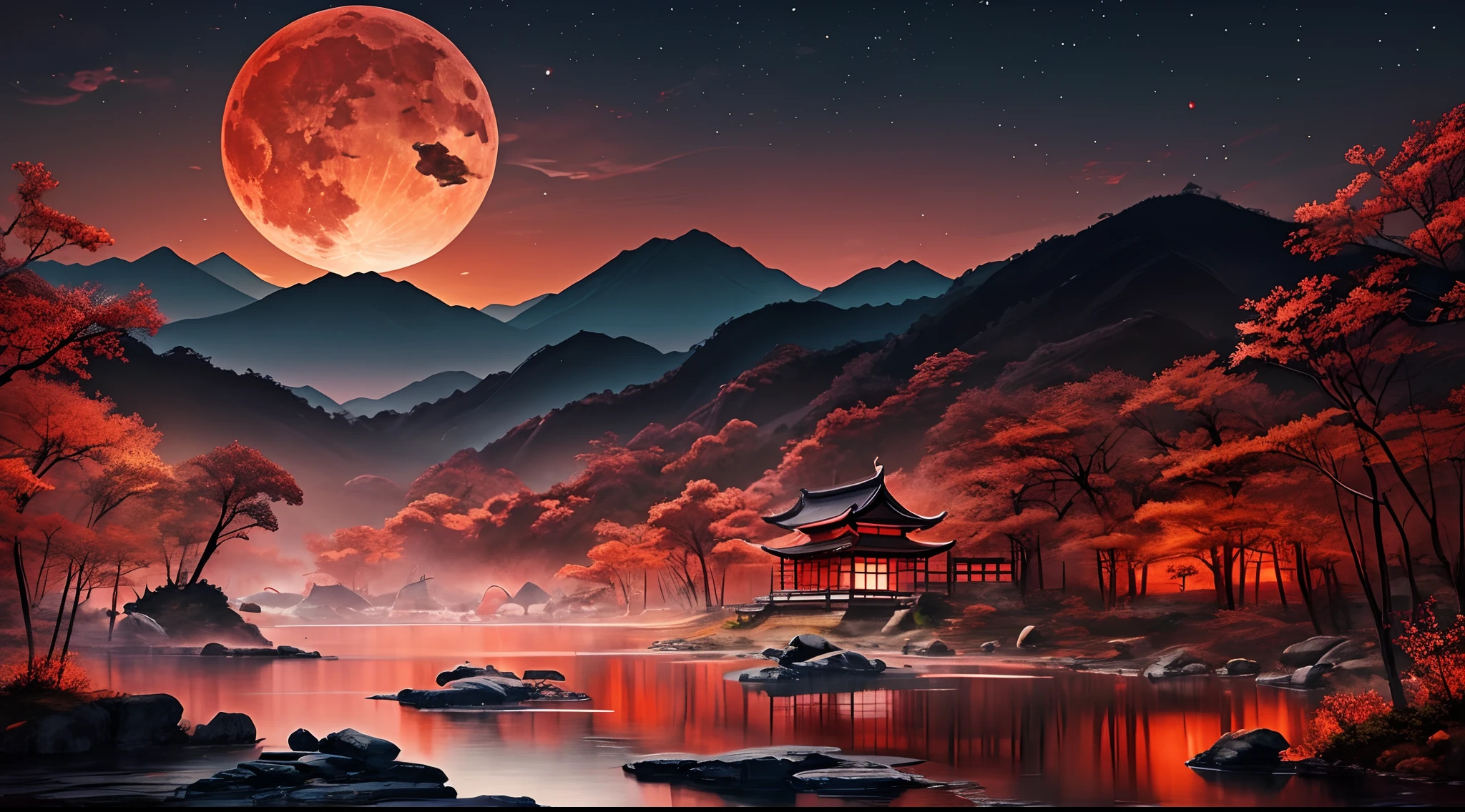 "Traditional Chinese ink landscape painting featuring vibrant red hues. beautiful Super Red moon, Amazing Detailed. Influenced by ancient Asian and Japanese designs. High-resolution 4k drawing showcasing exquisite artistry and beauty."