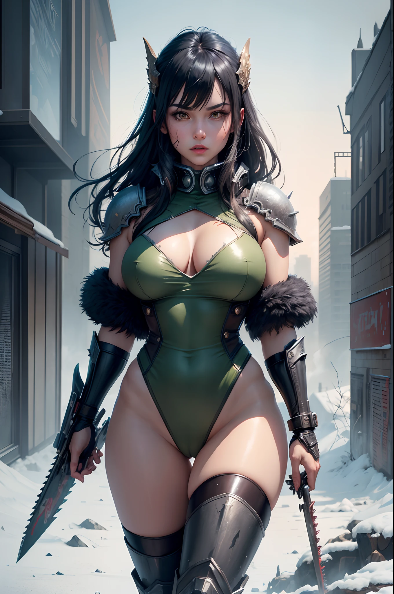 Masterpiece, best quality, ultra-detailed, digital illustration,bird's eye view,1girl,exquisite facial features,face enhancement,red lips,perfect body,shiny hair,(perfect face),gem eyes,tyrant face,look at viewer ,barbarian,(chainsaw man),Hokuto No Ken Seiki,Fist of the North Star,Warhammer 40k,apocalyptic wasteland,For Honor,combat posture,cyber punk,ghost,(((Godzilla)))),((Ghidorah)) ,((Diablo)), (Masterpiece), (Best quality), (High details), 8k resolution, legendary creatures, mythical creatures, emerald green dragon, a nine-tailed fox with a cold glow all over its body, cameltoe, Huge fox tail, covering the sky and covered with ice, the best texture, extremely delicate, perfect details, extreme details, ice crystals, snowflakes, valleys, ((colorful hair)), ((spectacular background)), ultra-clear,cyberpunkcity,cinematic lighting,realistics,by Paul Hedley,by Greg Rutkowski,magazine cover