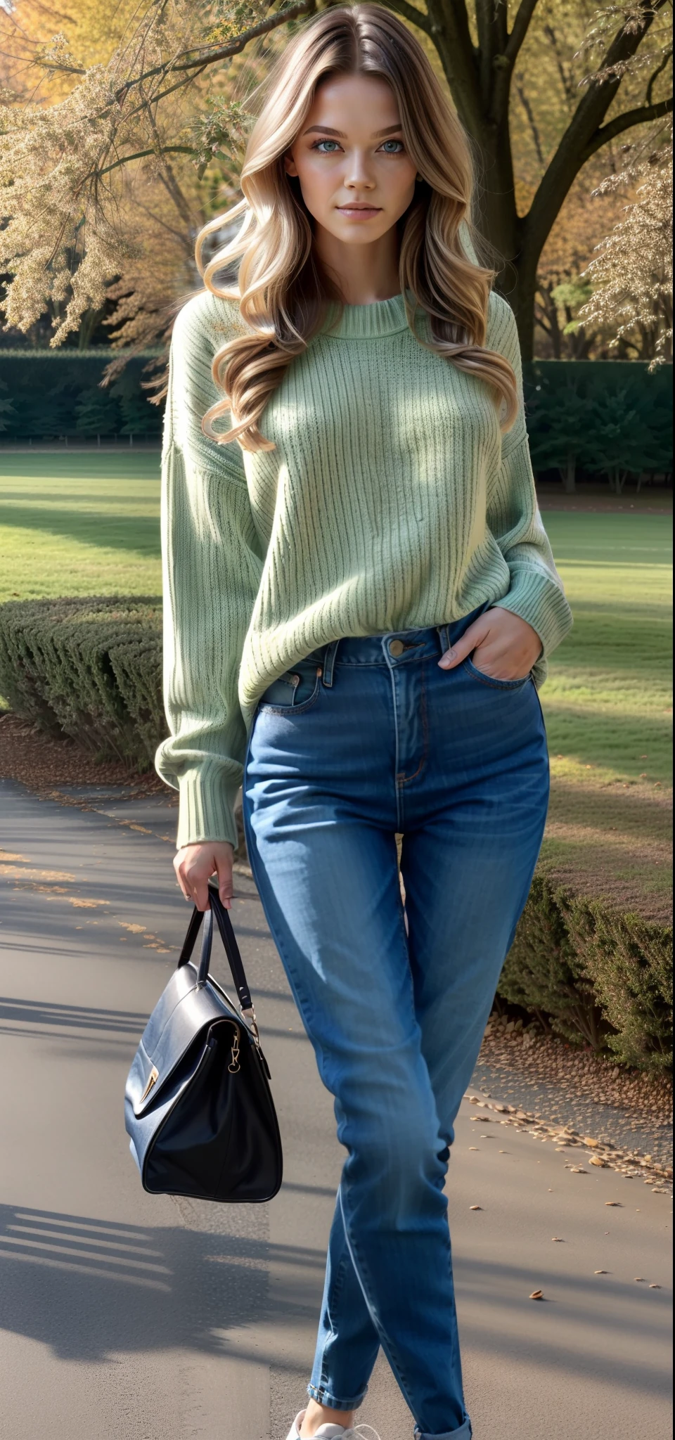 photorealistic:1.4, masterpiece, extremery magnificent view, perspective, extremery best quality, extremery detailed CG, 8k wallpaper, ultra high resolution, highly detailed face, highly detailed eyes, perfect anatomy, super detailed skin, UHD,
(dynamic angle, dynamic pose:1.2), outdoors, park, tree and pond, (portrait, legs focus, full body shot), (beautiful face, beautiful eyes, beautiful legs:1.3),
1 girl, solo, scandinavian, (green sweater, blue denim pants:1.3), (skinny jeans pants:1.3), large breasts, bright blonde hair, long hair, smooth hair, open forehead, blue eyes, white sneakers, skinny, slender, wide hips, thin waist