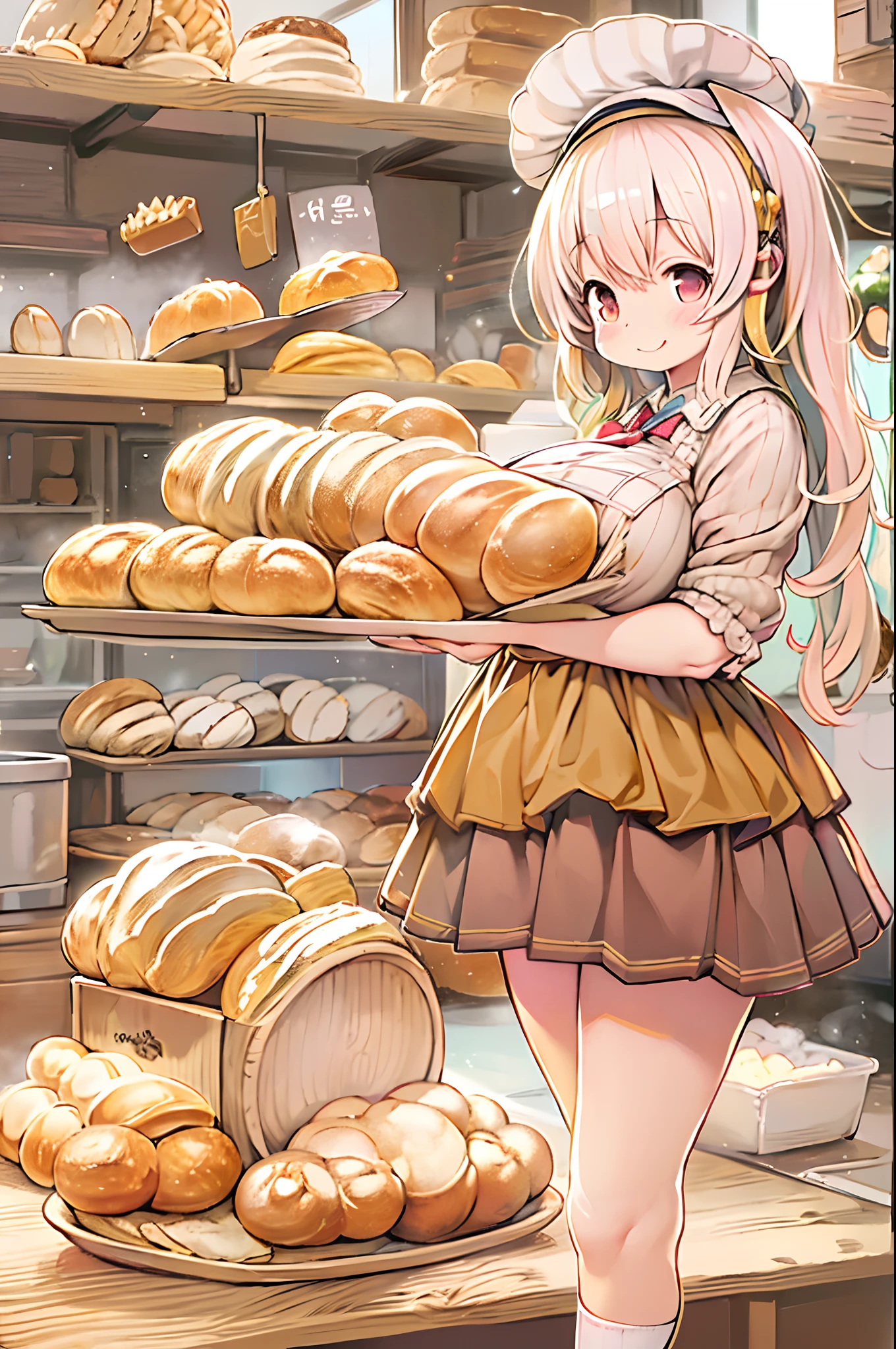 masutepiece、Anime style、1人、huge-breasted、kawaii、bbw、thick thight、big butts、Ultramammy,pleatedskirt、Bakery、Baker、Bread lining、A big smile