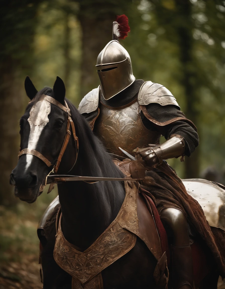 A medieval knight with a bronze mask on the half-face, scar on the face, (best quality, ultra-detailed), portraits, oil painting, (dark, mysterious) color scheme, dramatic lighting, detailed armor, elaborate helmet, shining sword, dense forest background, knight in a heroic pose, ancient castle silhouette, strong and confident expression, weathered and battle-worn armor, glove holding the reins of a powerful horse, castle ruins in the distance, divine rays of sunlight illuminating the knight, fierce determination in the eyes, intricate engravings on the armor, vintage atmosphere, aged and rustic textures, medieval flag fluttering in the wind.