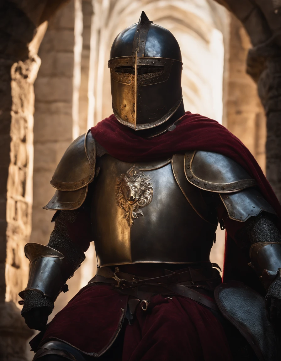 A medieval knight with a bronze mask on the half-face, scar on the face, (best quality, ultra-detailed), portraits, oil painting, (dark, mysterious) color scheme, dramatic lighting, detailed armor, elaborate helmet, shining sword, dense forest background, knight in a heroic pose, ancient castle silhouette, strong and confident expression, weathered and battle-worn armor, glove holding the reins of a powerful horse, castle ruins in the distance, divine rays of sunlight illuminating the knight, fierce determination in the eyes, intricate engravings on the armor, vintage atmosphere, aged and rustic textures, medieval flag fluttering in the wind.