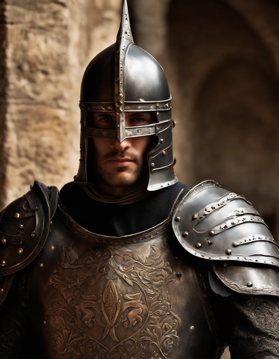 A medieval knight with a bronze mask on the half-face, scar on the face, (best quality, ultra-detailed), portraits, oil painting, (dark, mysterious) color scheme, dramatic lighting, detailed armor, elaborate helmet, shining sword, dense forest background, knight in a heroic pose, ancient castle silhouette, strong and confident expression, weathered and battle-worn armor, glove holding the reins of a powerful horse, castle ruins in the distance, divine rays of sunlight illuminating the knight, fierce determination in the eyes, intricate engravings on the armor, vintage atmosphere, aged and rustic textures, medieval flag fluttering in the wind.